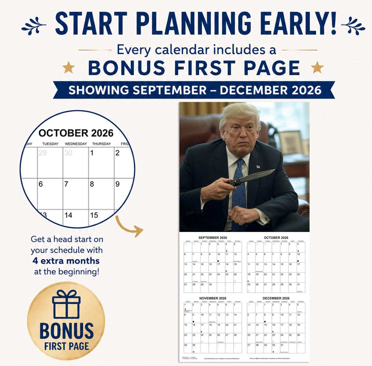 Based Trump Funny Monthly Wall Calendar 2027 | 12" x 24" | Prank Gift White Elephant or Gag Gift Calendar 2026-2027