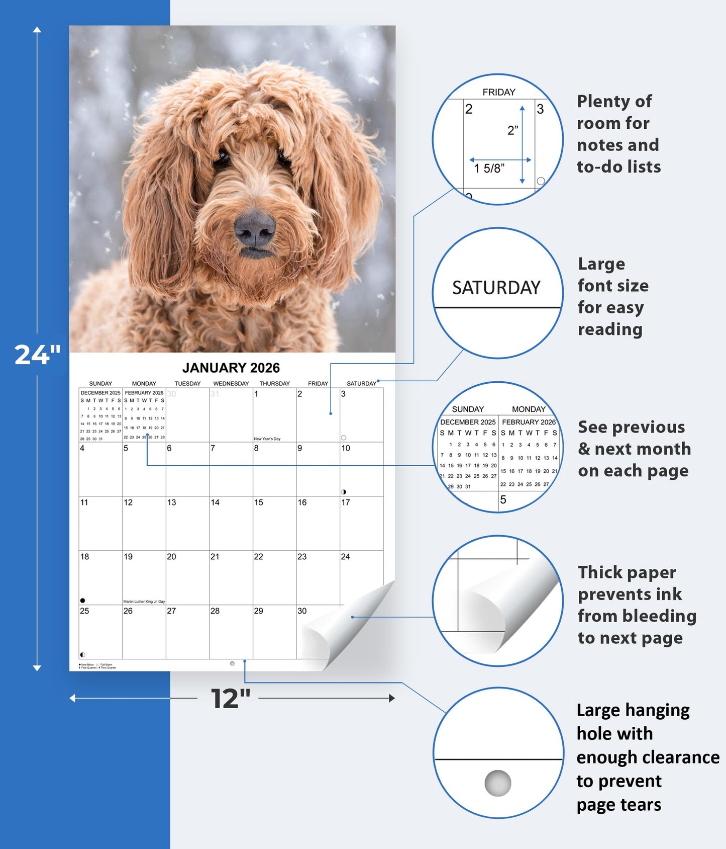 2026 Goldendoodles Monthly Wall Calendar | 12" x 24" | Dogs Calendar September 2025- December 2026