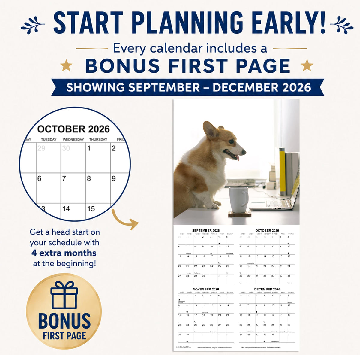 2027 Corgis Monthly Wall Calendar | Cute Dog Calendar September 2026 - December 2027