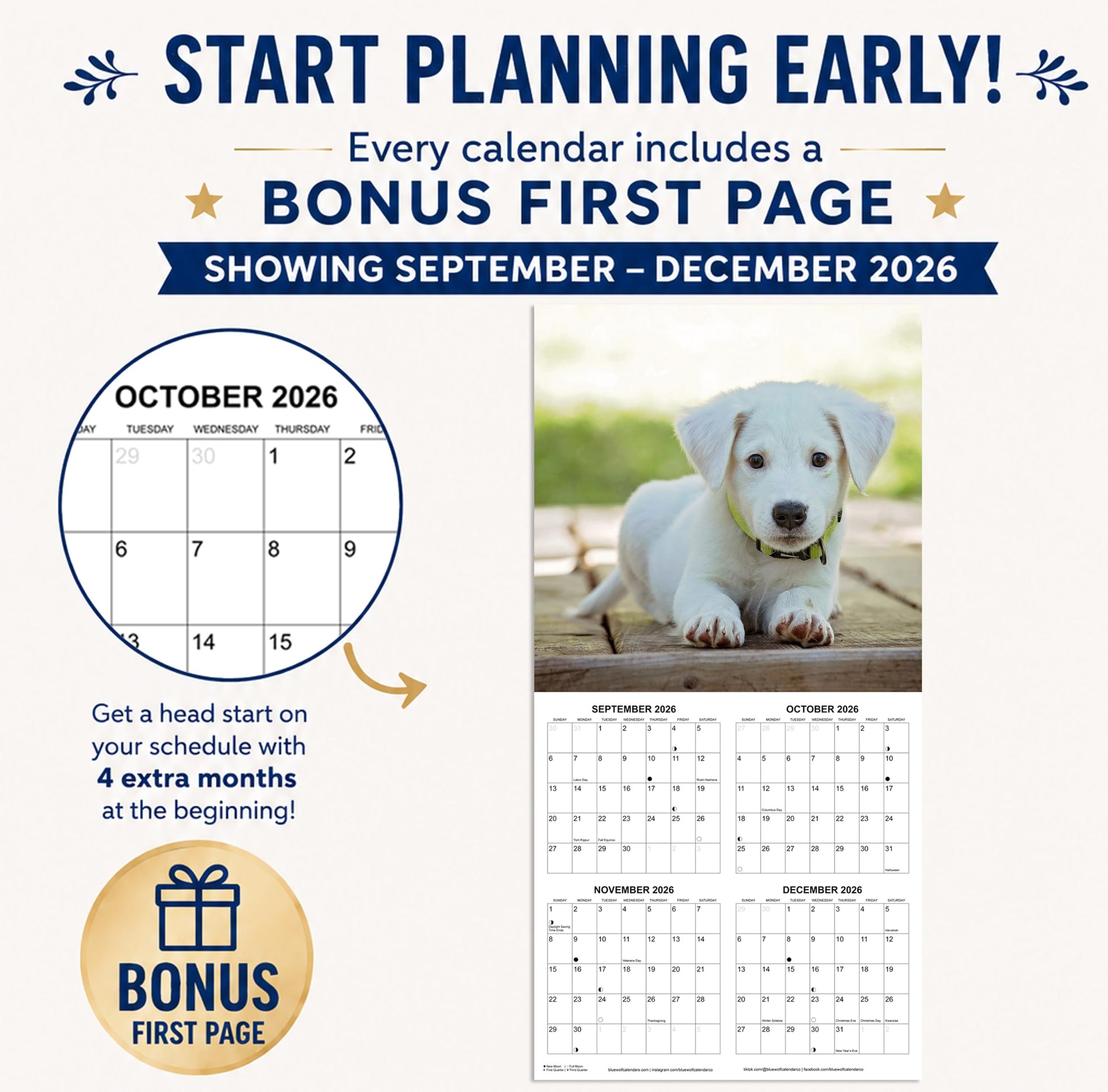 2027 Puppies Monthly Wall Calendar | Cute Dogs Calendar September 2026 - December 2027