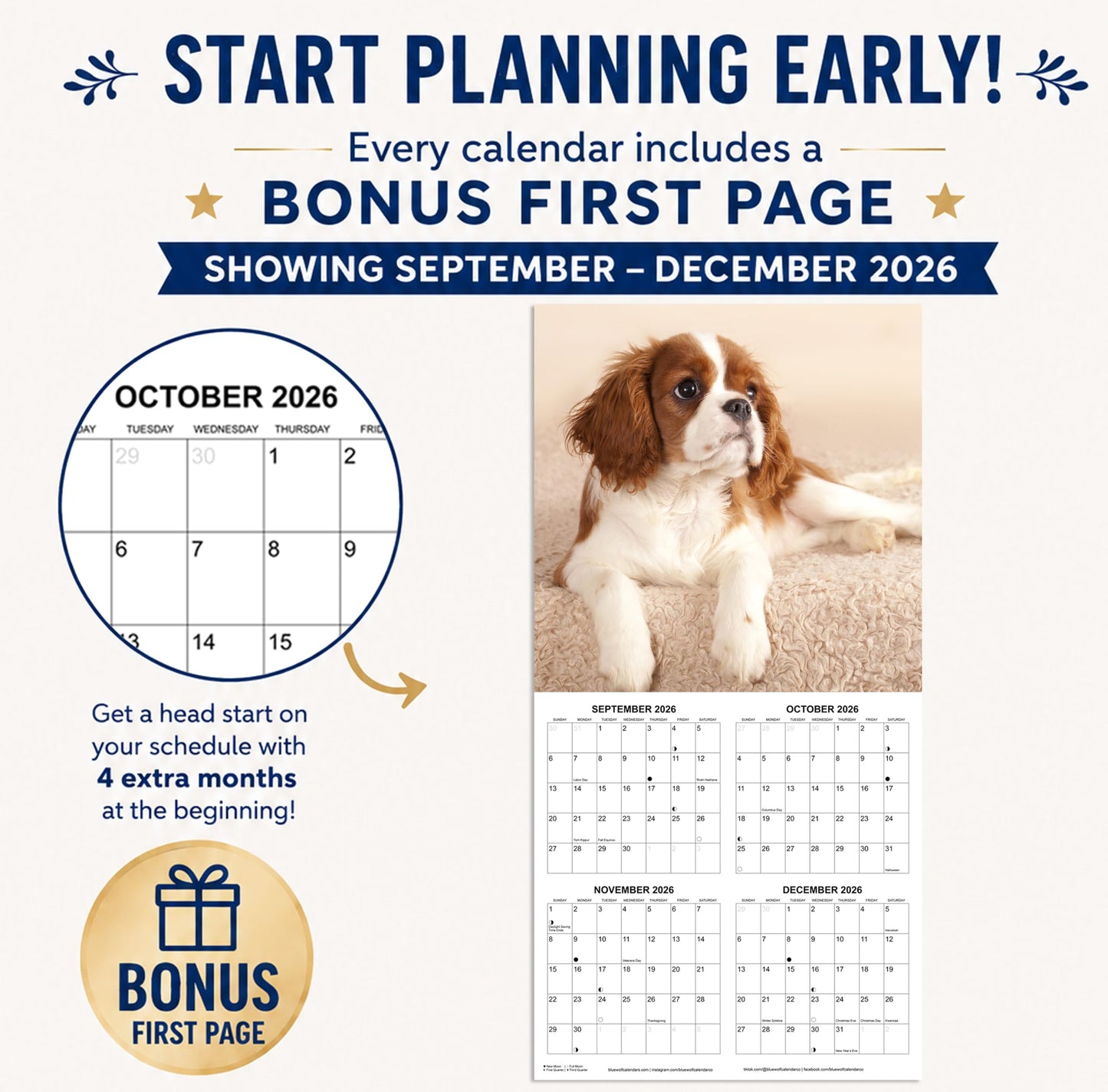 2027 Cavalier King Charles Spaniel Monthly Wall Calendar | Dog Calendar September 2026 - December 2027