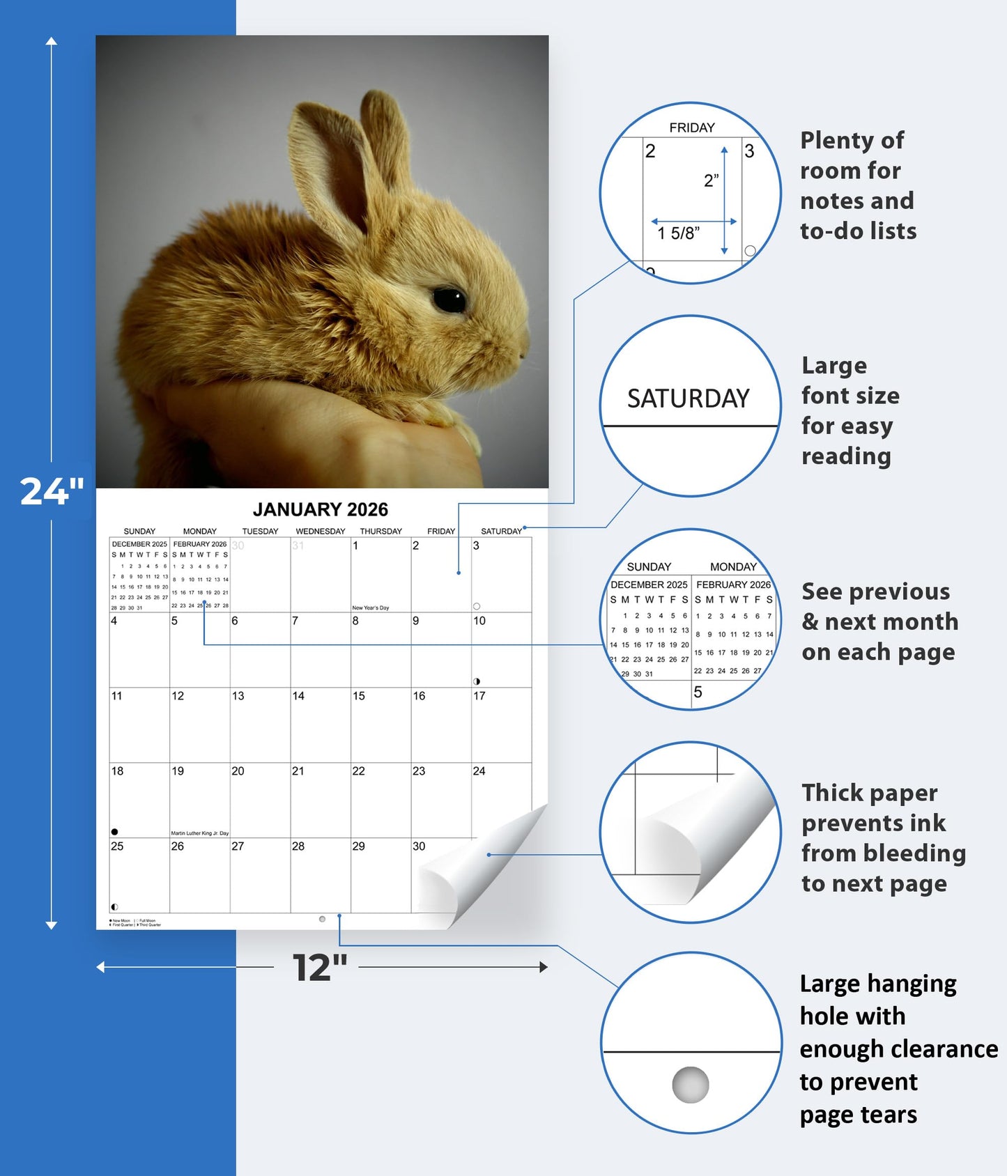 2026 Bunnies Monthly Wall Calendar - | 12" x 24" | Cute Animals Calendar 2025-2026