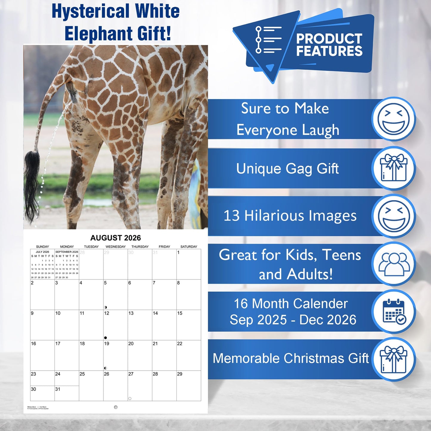 2026 Wild Animals Whizzing Wall Calendar | 12" x 24" | Prank Gift White Elephant or Gag Gift Calendar 2025-2026