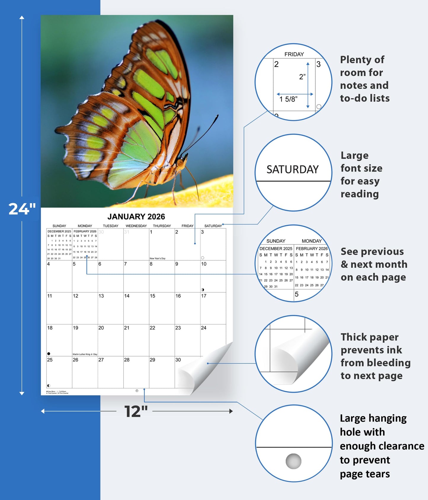 2026 Butterflies Monthly Wall Calendar | 12" x 24" | Animals Calendar 2025-2026