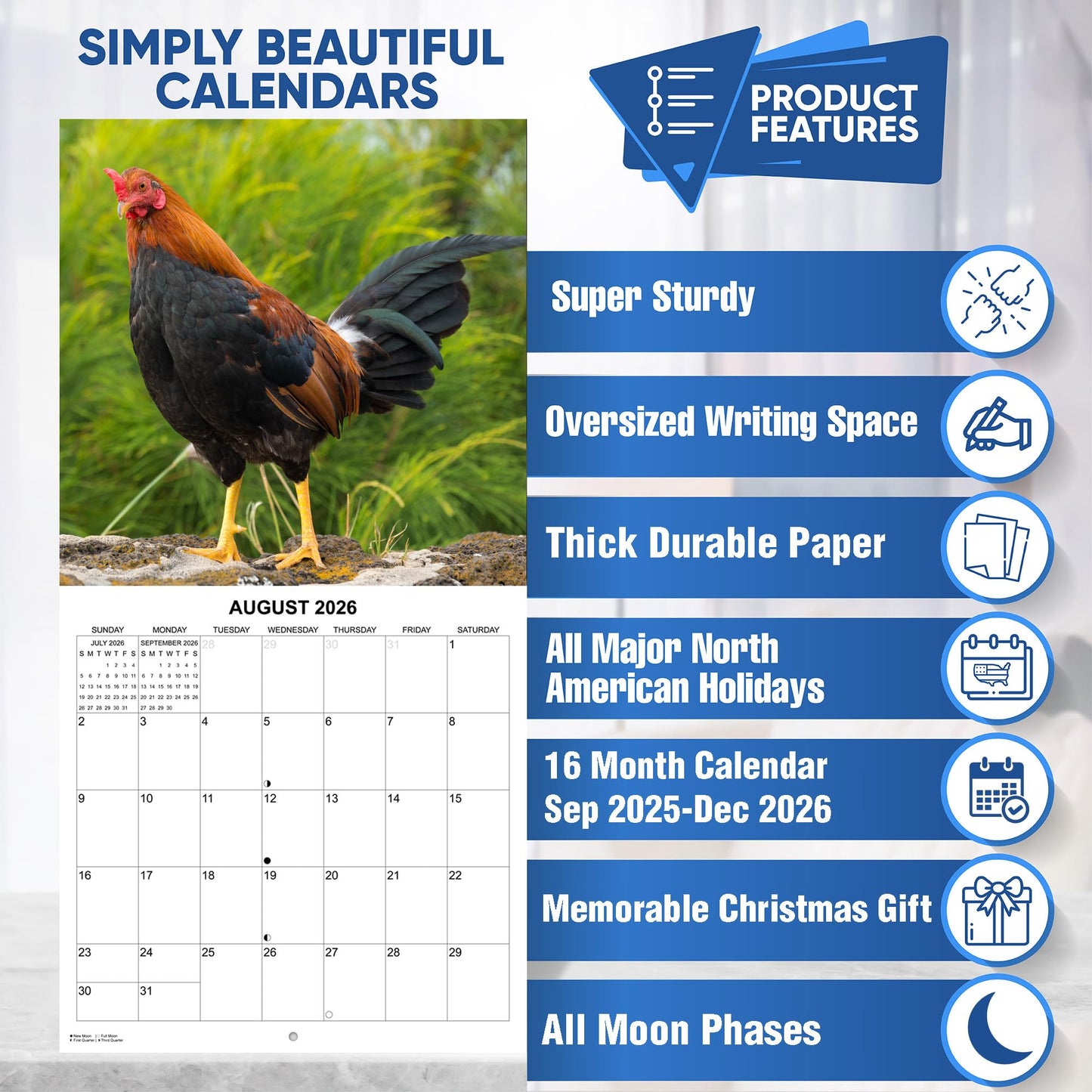 2026 Cocks Calendar - Roosters 2026 | 12" x 24" | Thick Sturdy Paper | White Elephant Gift or Gag Gift