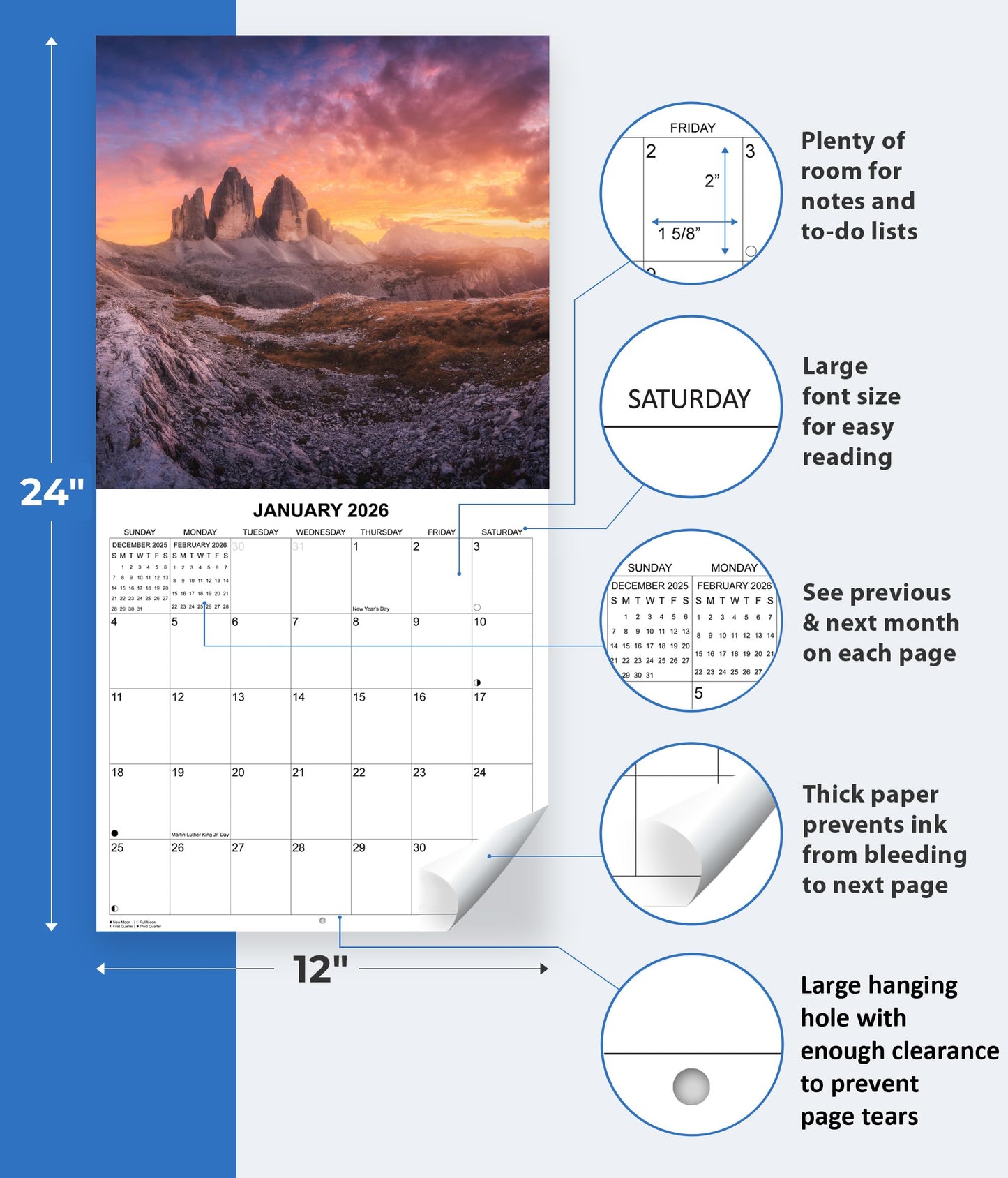 2026 Sunsets Monthly Wall Calendar | 12" x 24" | Travel Calendar 2025-2026