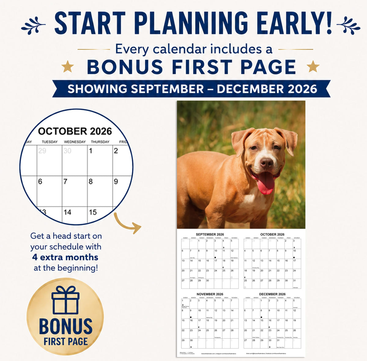 2027 Pit Bulls Monthly Wall Calendar | Pitbull Dog Calendar September 2026 - December 2027