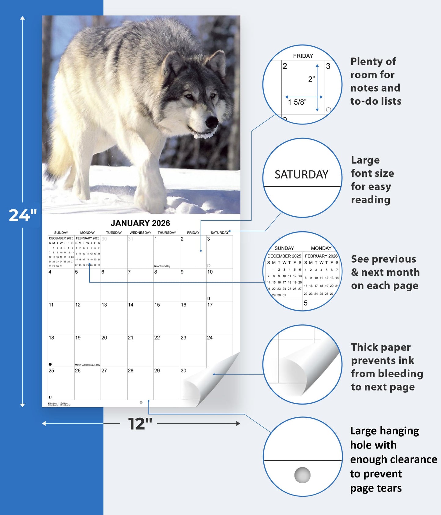 2026 Wolves of the Wild Monthly Wall Calendar | 12" x 24" | Animals Calendar 2025-2026