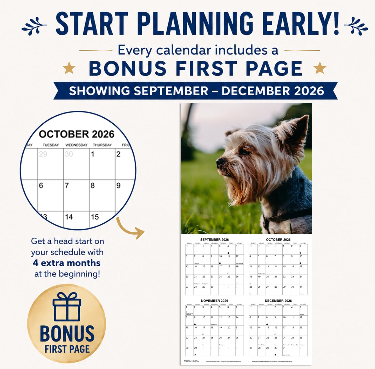 2027 Yorkies Monthly Wall Calendar | Yorkshire Terrier Calendar September 2026 - December 2027
