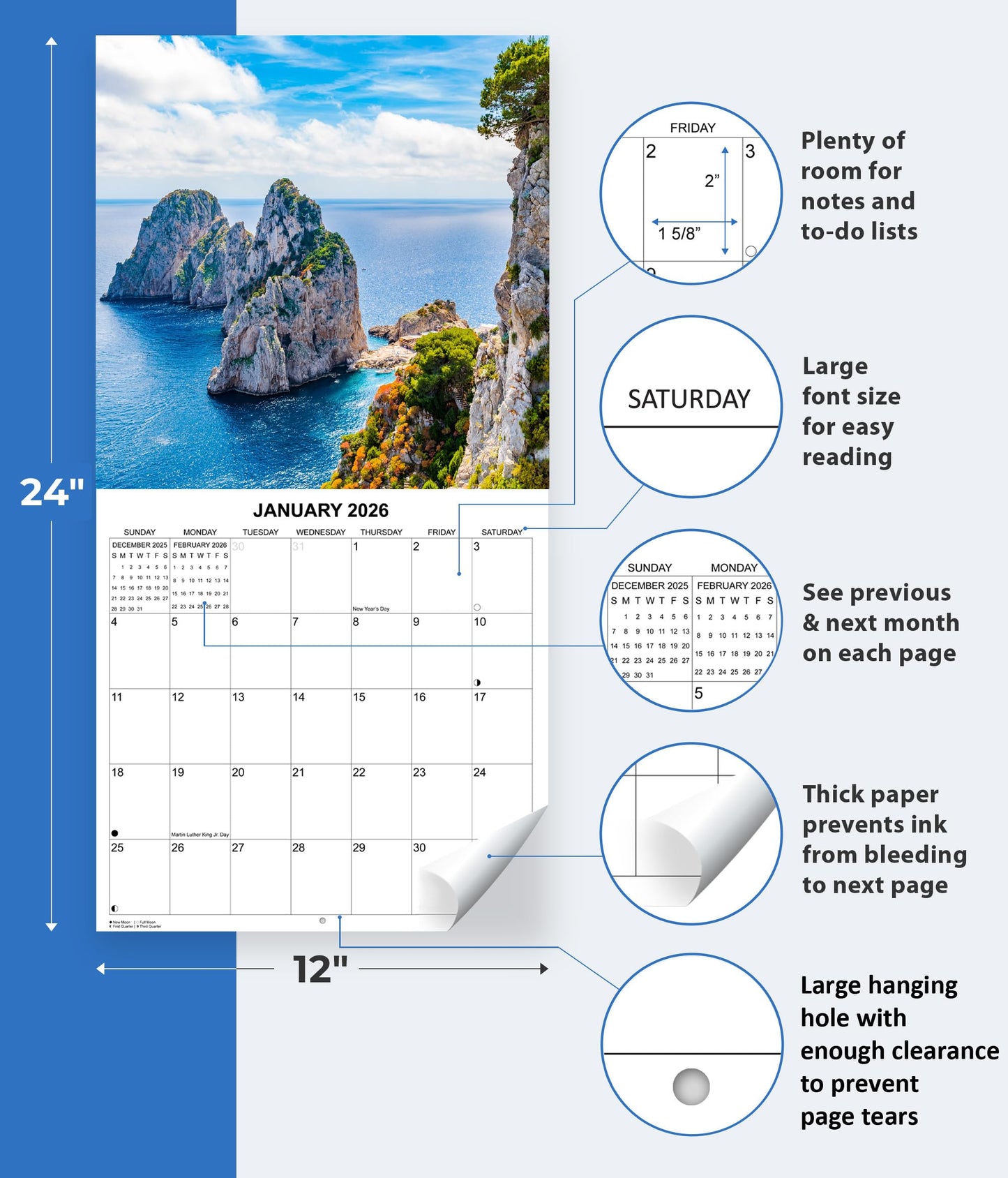 2026 Italy Monthly Wall Calendar | 12" x 24" | Travel Calendar 2025-2026