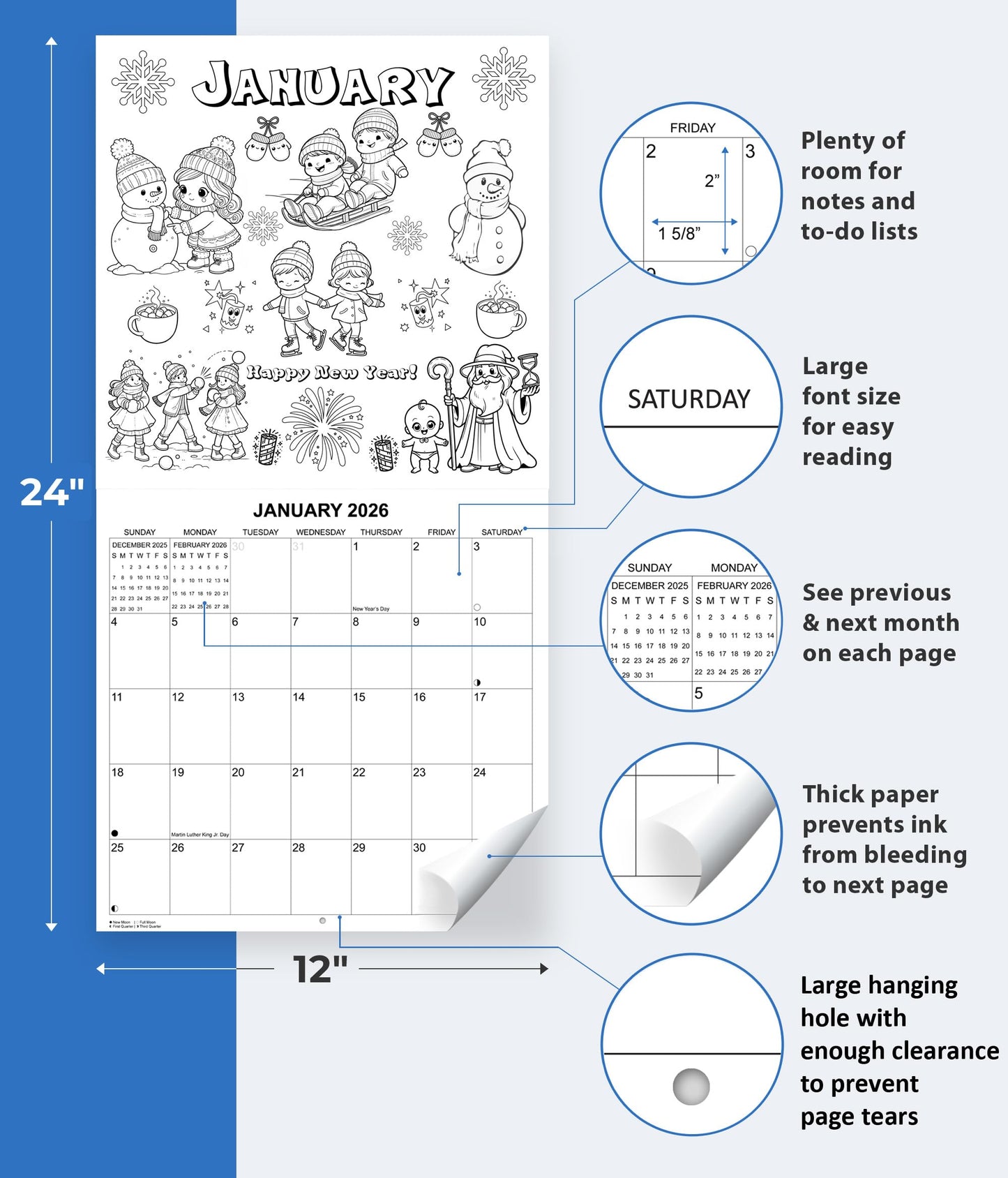 2026 Coloring Calendar Monthly Wall Calendar for Kids | 12" x 24" | Color Pages with Monthly Themes Coloring Wall Calendar 2025-2026
