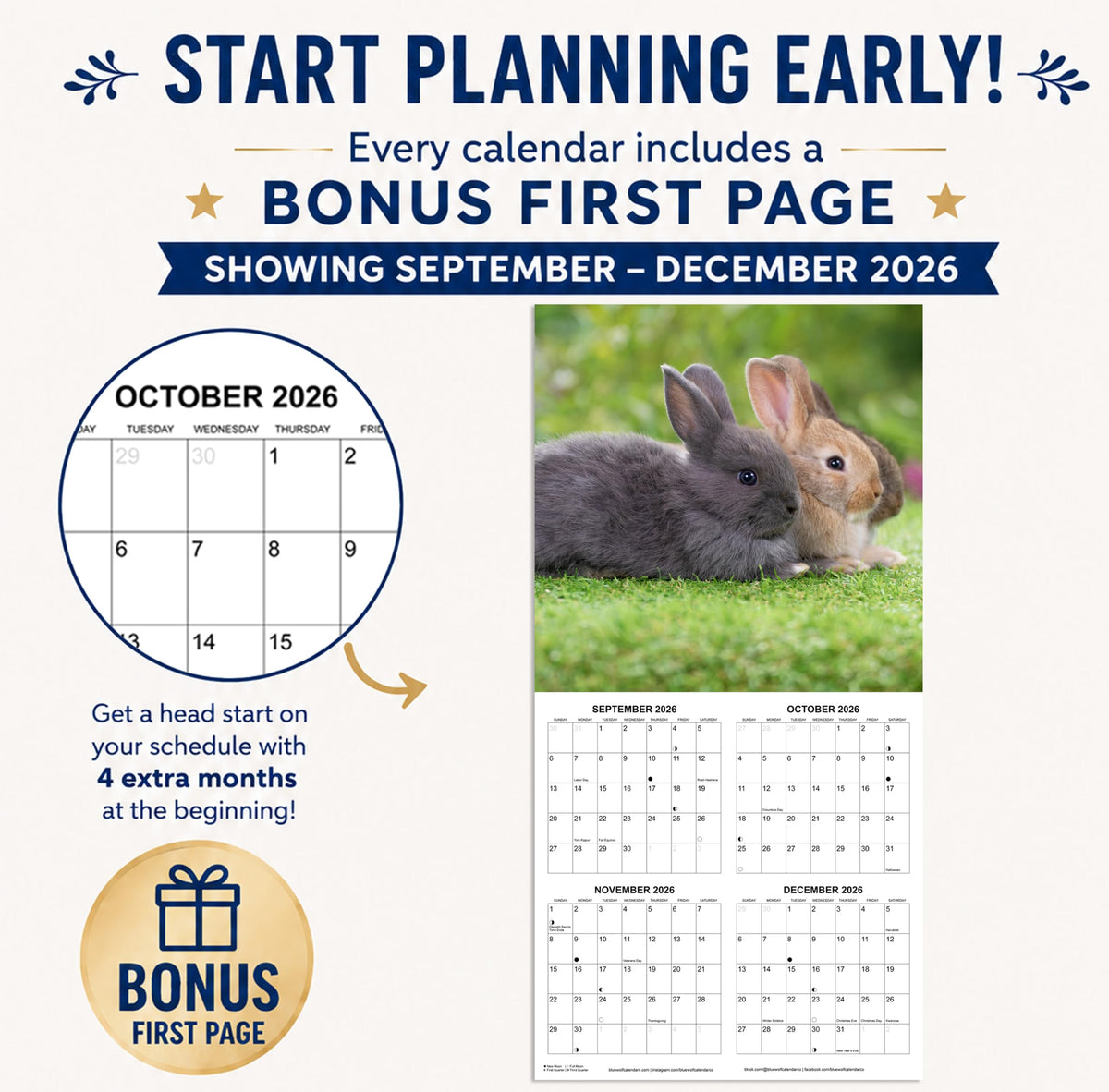 2027 Bunnies Monthly Wall Calendar | Cute Rabbit Animals Calendar 2026-2027