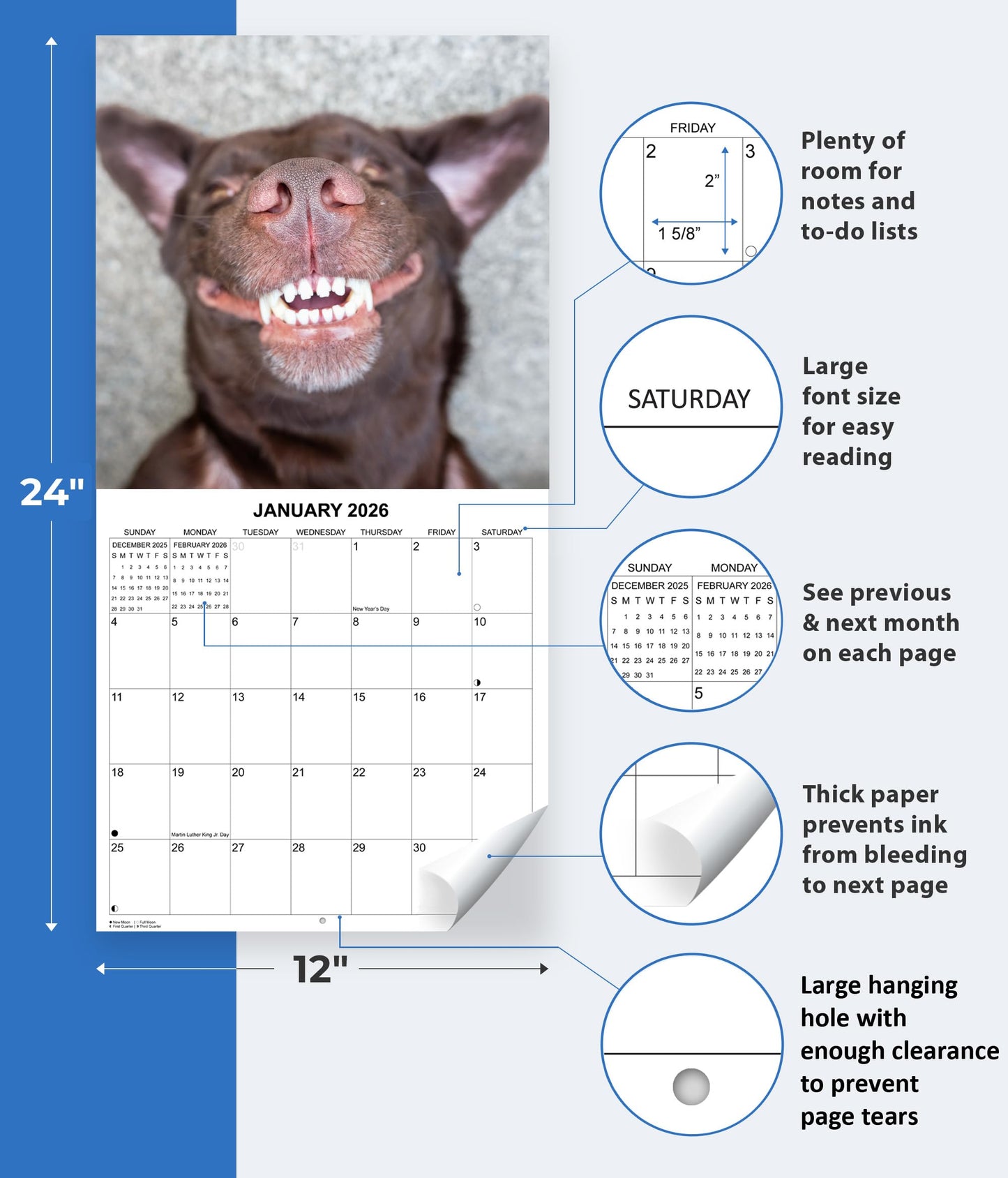 2026 Smiling Dogs Monthly Wall Calendar | 12" x 24" | Funny Dogs Calendar September 2025 - December 2026