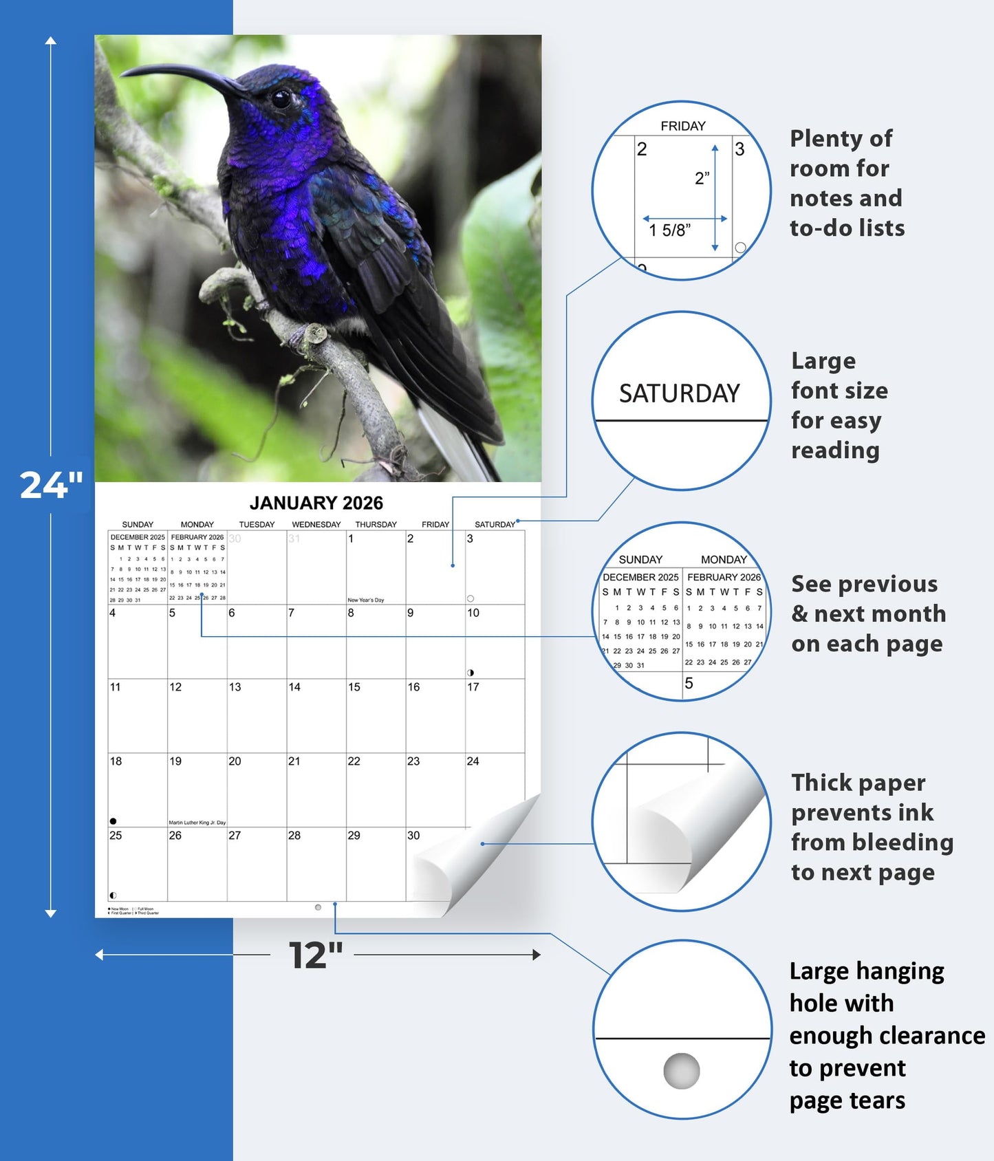 2026 Hummingbirds Monthly Wall Calendar | 12" x 24" | Animals Calendar 2025-2026