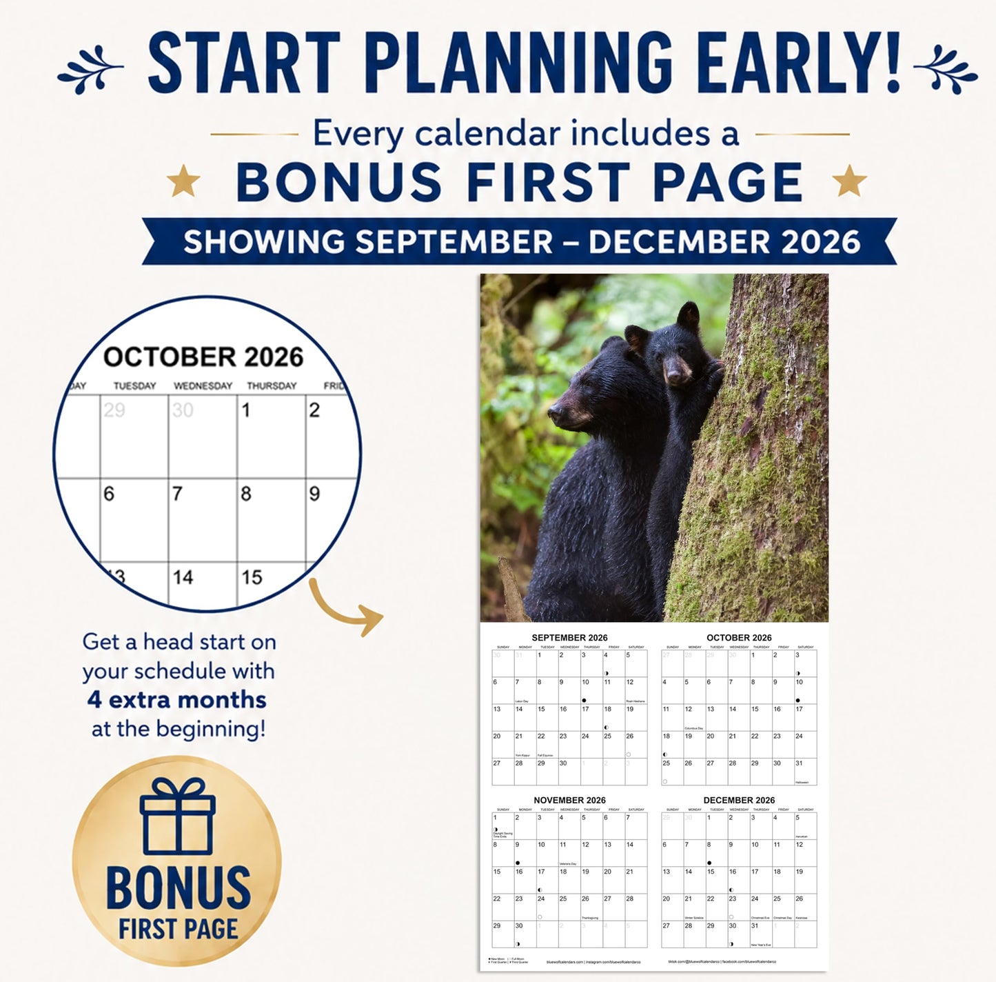 2027 Bears Monthly Wall Calendar | Animals Calendar 2026-2027