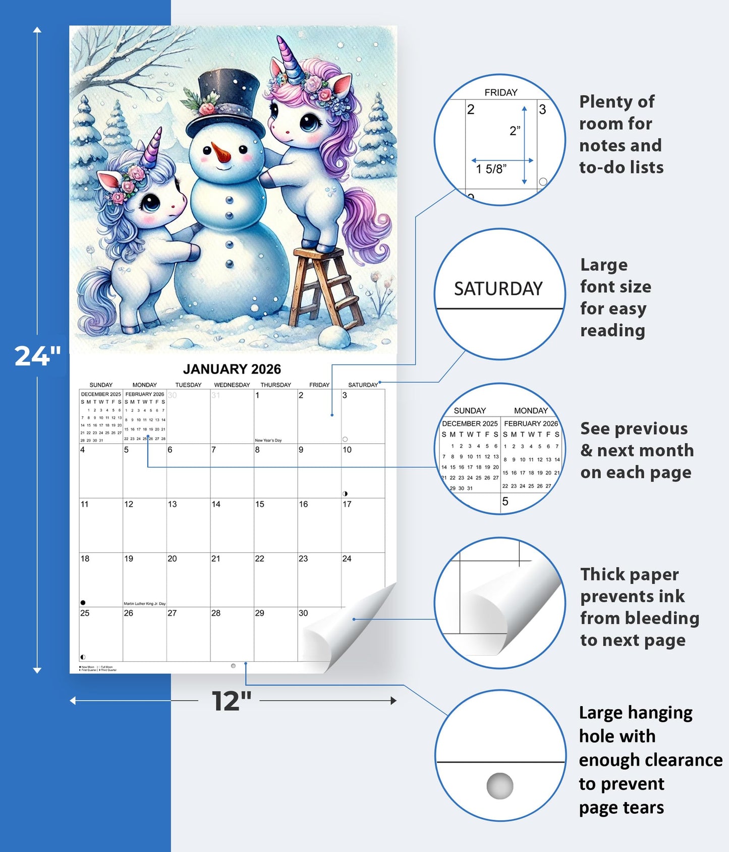 2026 Unicorns Monthly Wall Calendar | 12" x 24" | Kids Calendar 2025-2026