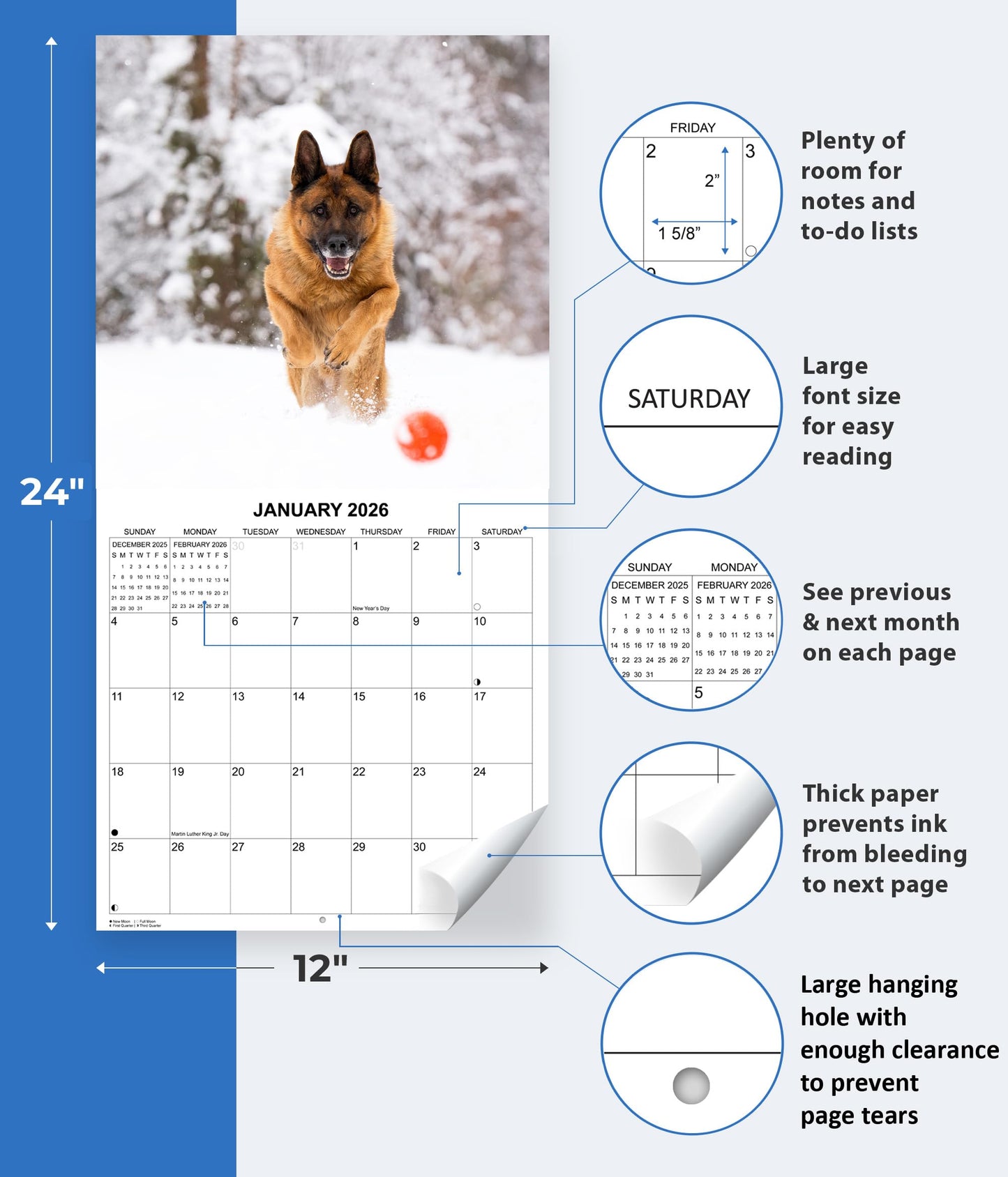 2026 German Shepherds Monthly Wall Calendar | 12" x 24" | Dog Calendar September 2025 - December 2026