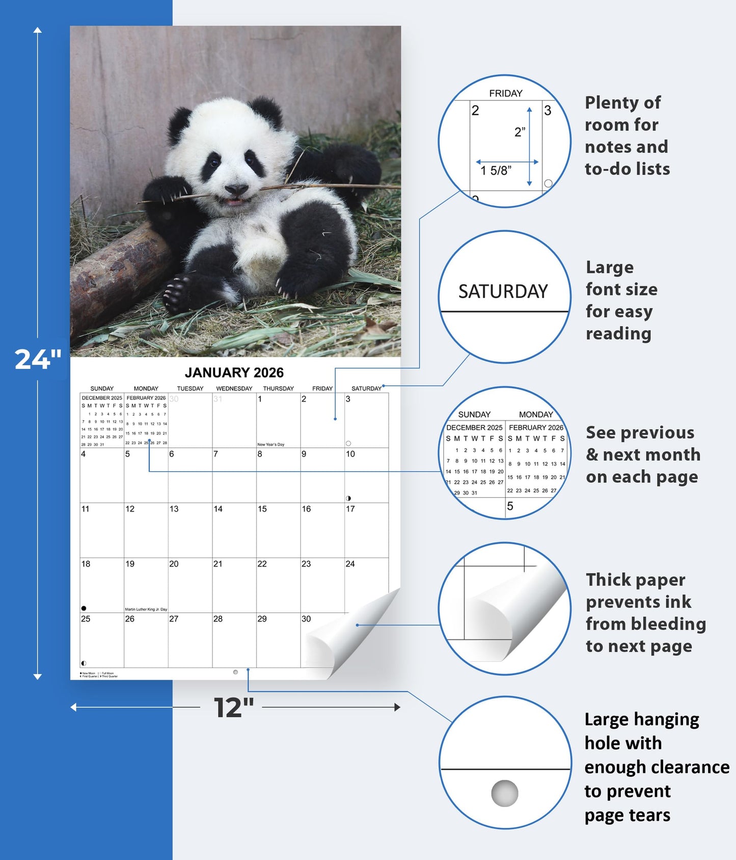 2026 Baby Pandas Monthly Wall Calendar | 12" x 24" | Animals Calendar 2025-2026