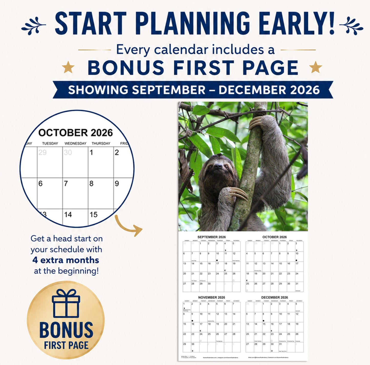 2027 Sloths Monthly Wall Calendar | Cute Animals Calendar 2026-2027