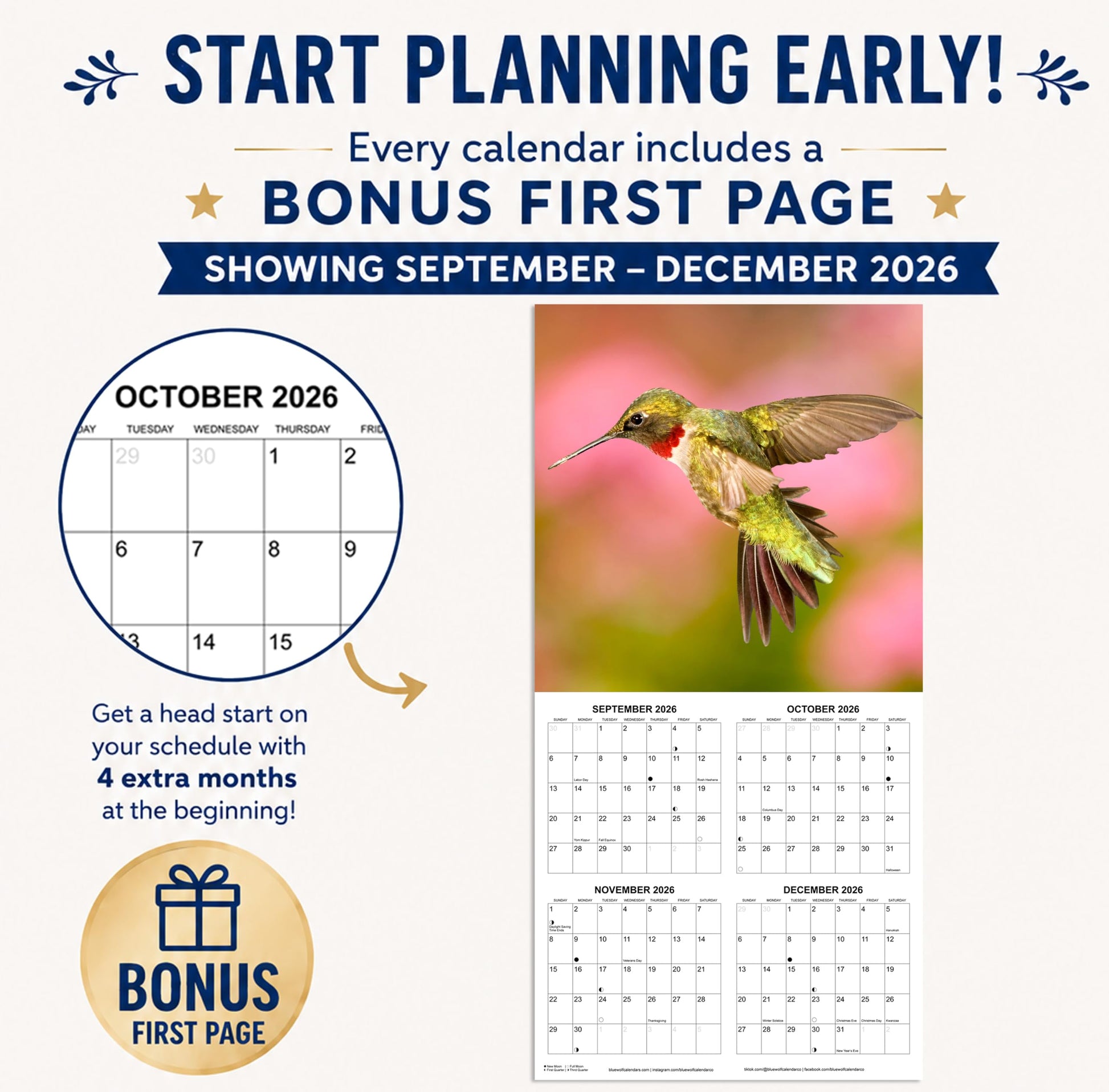 2027 Hummingbirds Monthly Wall Calendar | Animals Calendar 2026-2027
