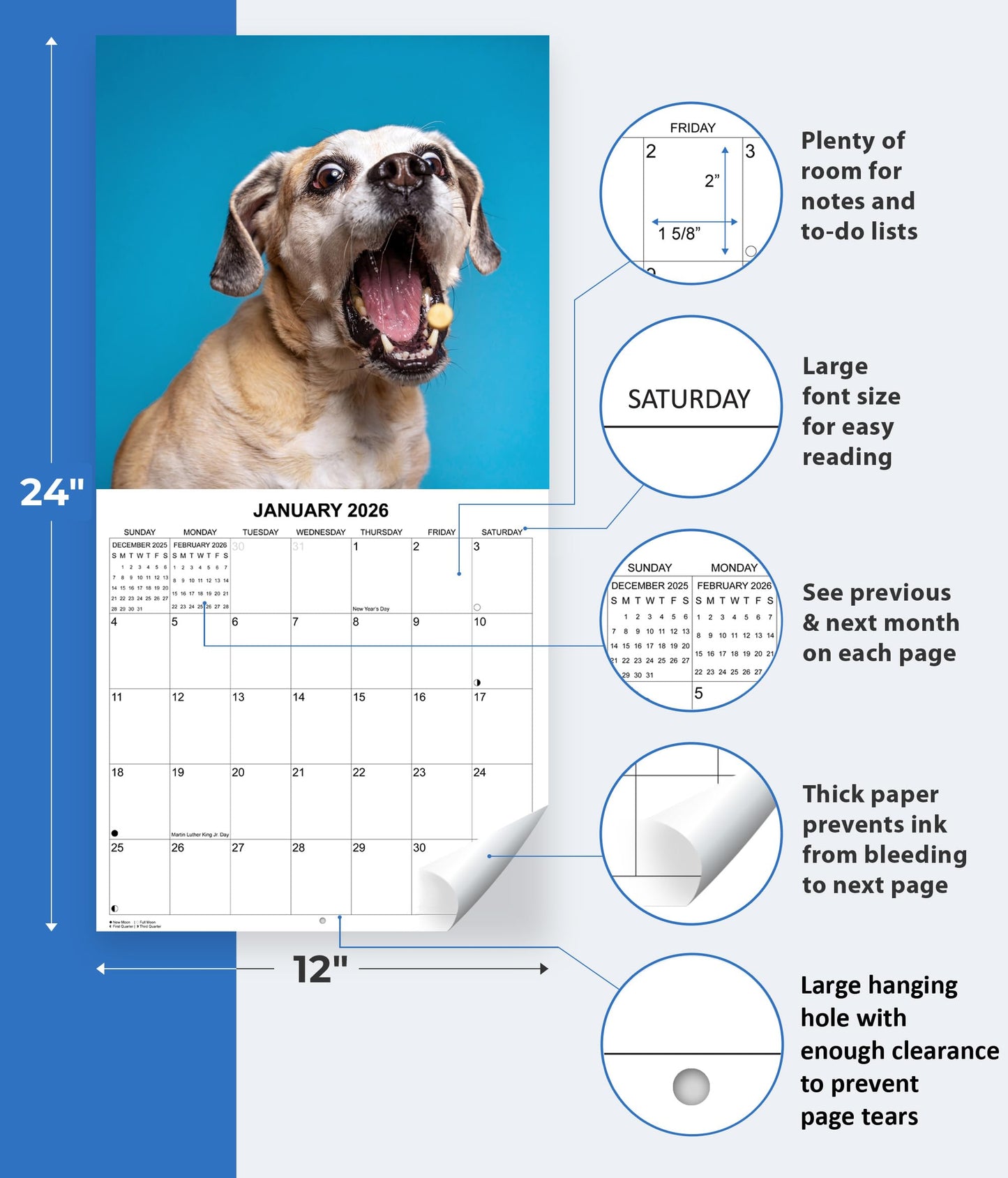 2026 Treat Time Monthly Wall Calendar - Dogs Making Funny Faces Trying to Catch Treats | 12" x 24" | Funny Dog Calendar September 2025 - December 2026