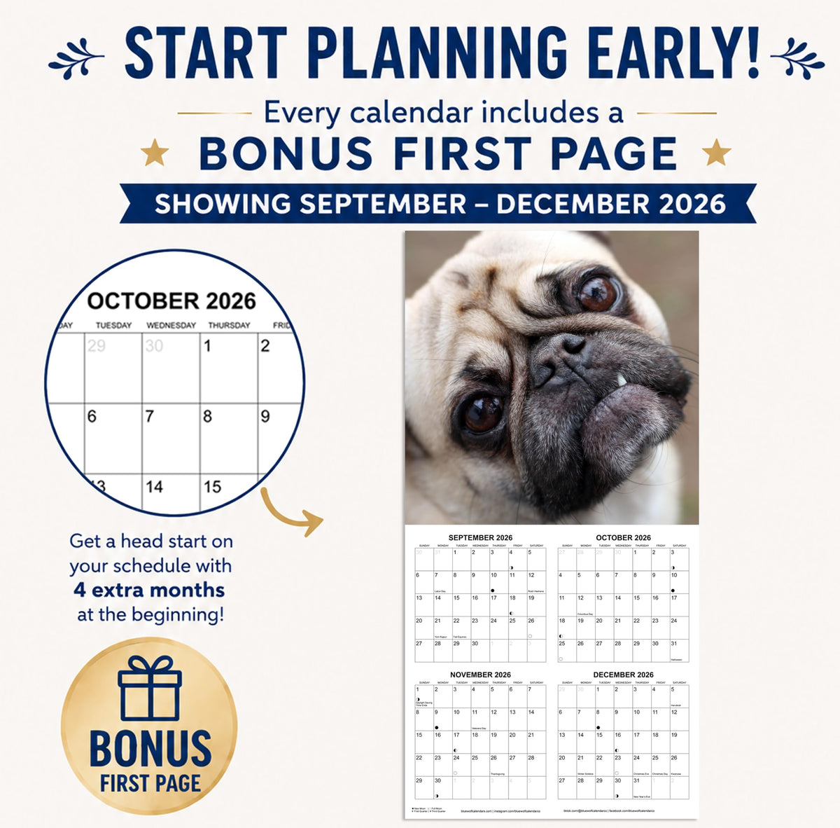 2027 Pugs Monthly Wall Calendar | Cute Dogs Calendar September 2026 - December 2027