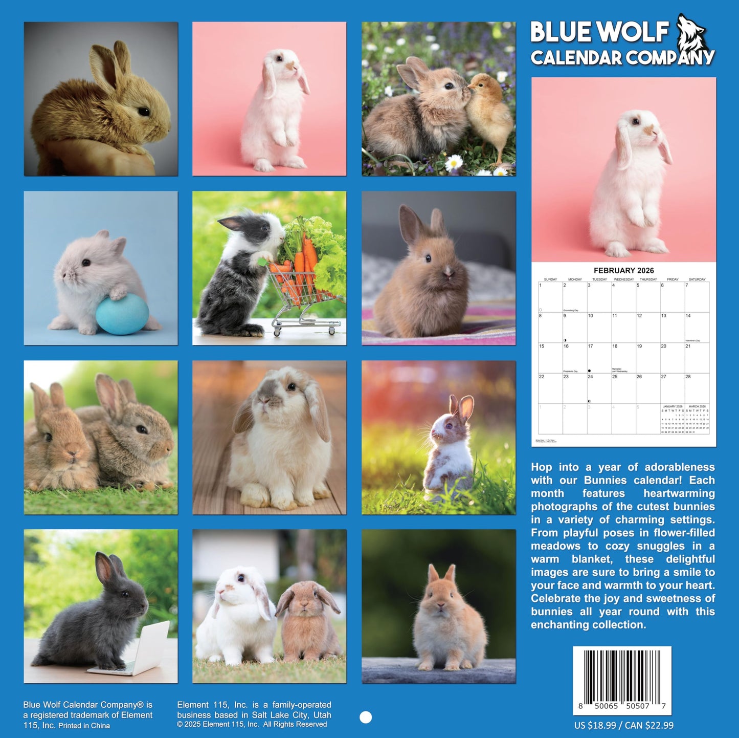 2026 Bunnies Monthly Wall Calendar - | 12" x 24" | Cute Animals Calendar 2025-2026