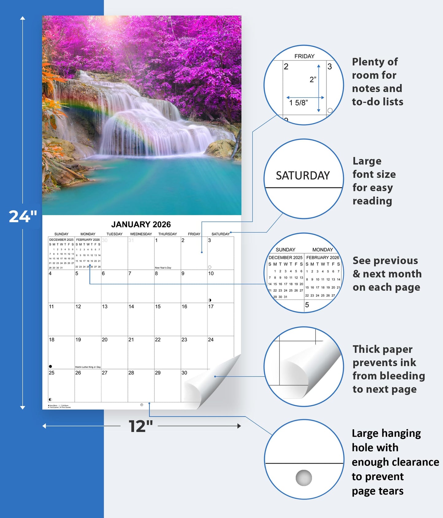 2026 Waterfalls Monthly Wall Calendar | 12" x 24" | Travel Calendar 2025-2026
