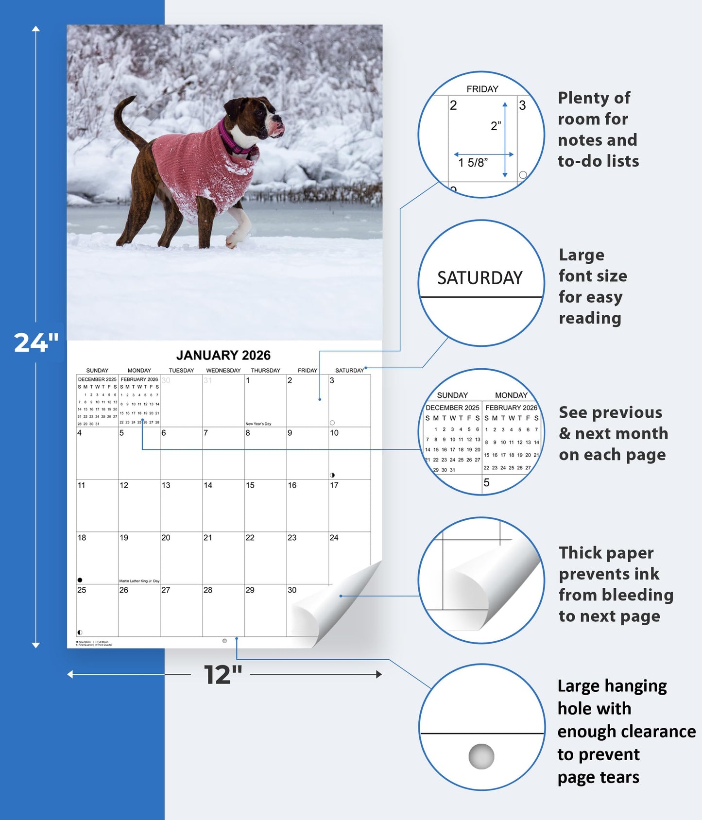 2026 Boxers Monthly Wall Calendar | 12" x 24" | Dogs Calendar September 2025- December 2026