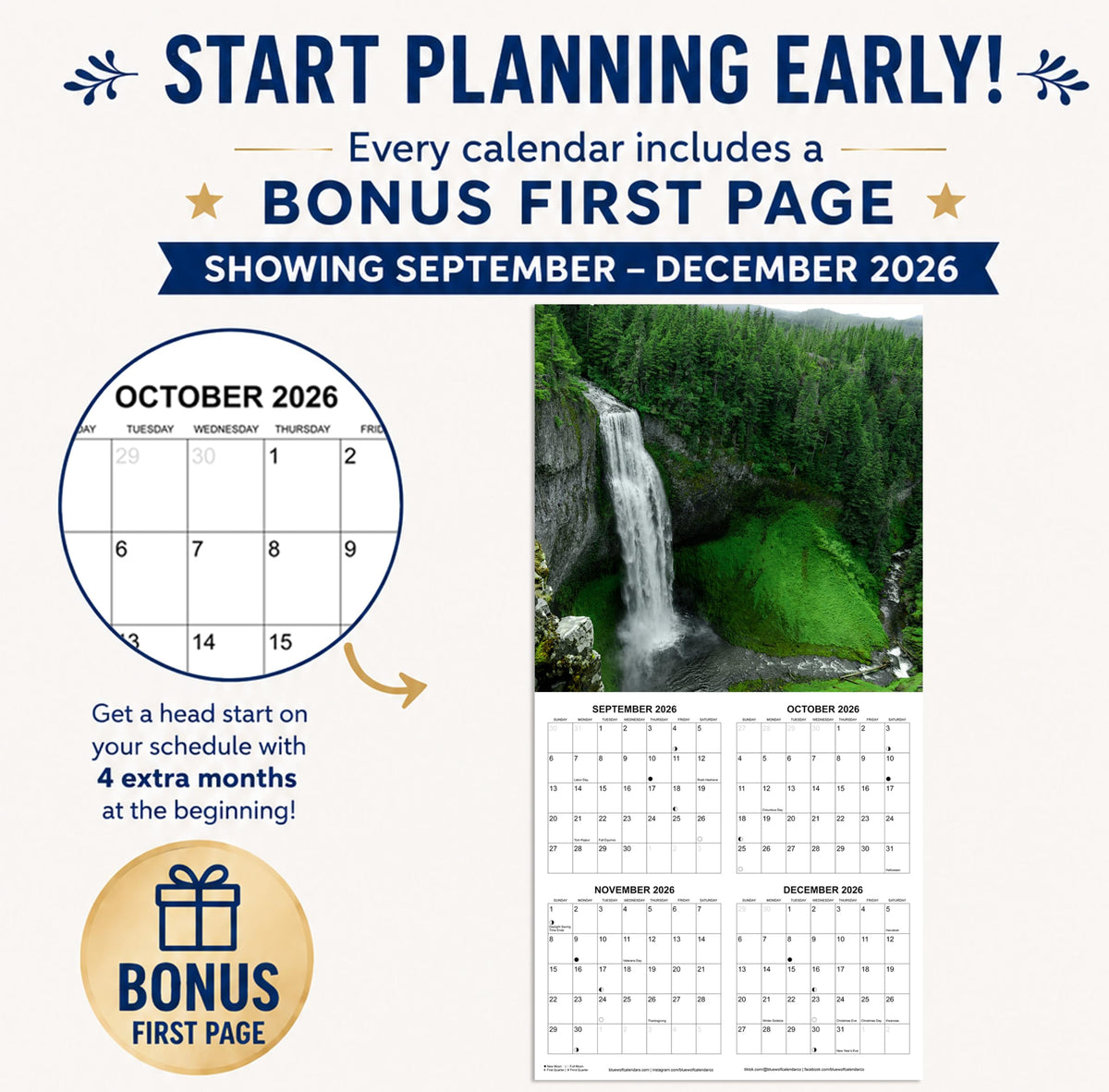 2027 Waterfalls Monthly Wall Calendar | Travel Calendar 2026-2027