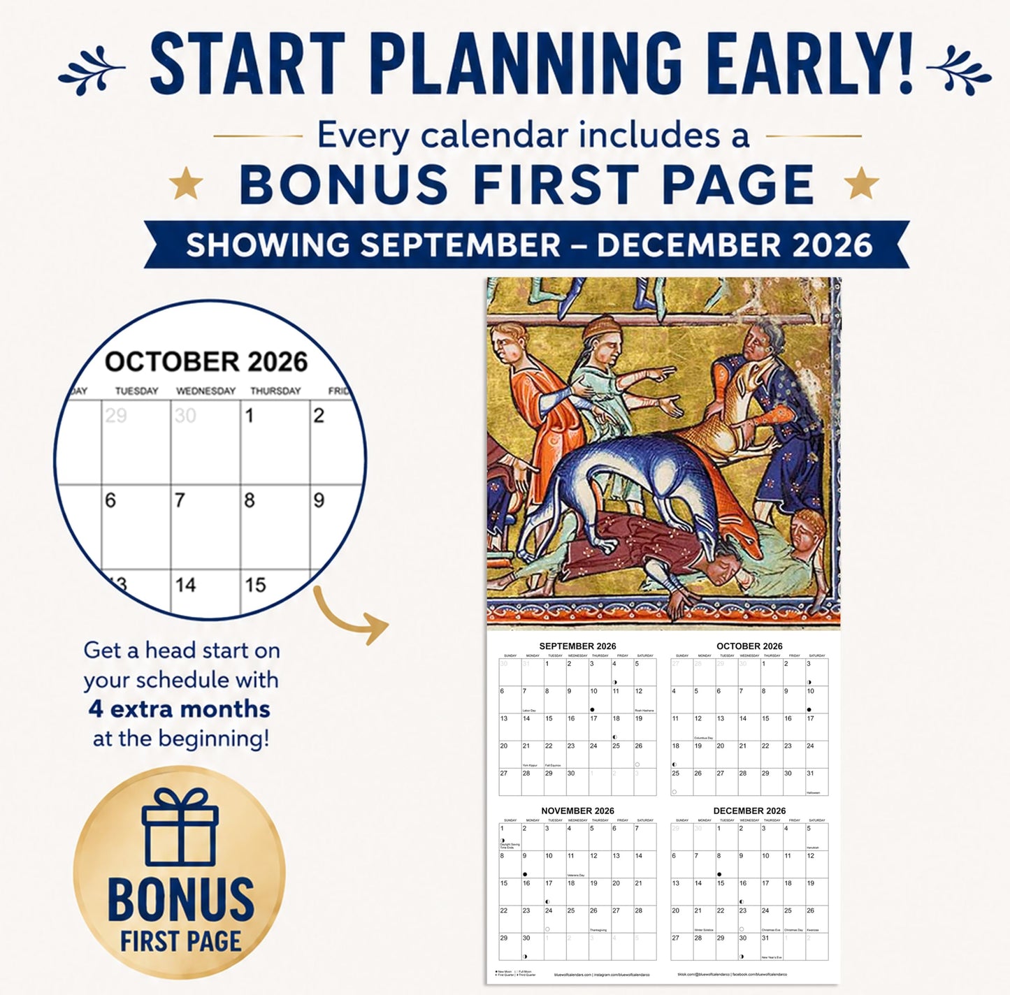 2027 Strange Medieval Dogs White Elephant Monthly Wall Calendar - Funny Gag Gift Ugly Dog Art | Funny Medieval Art Gift Calendar 2026-2027