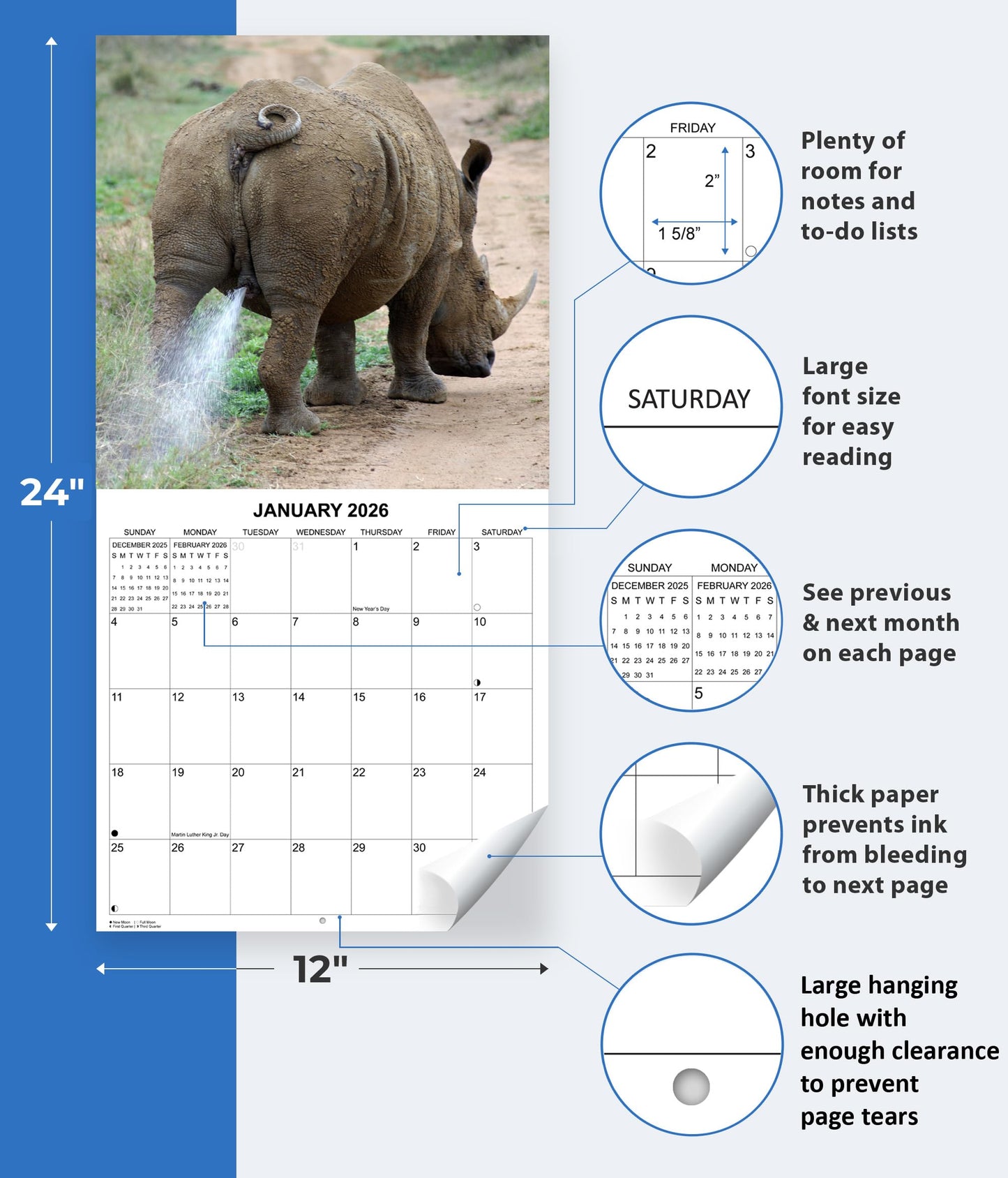 2026 Wild Animals Whizzing Wall Calendar | 12" x 24" | Prank Gift White Elephant or Gag Gift Calendar 2025-2026