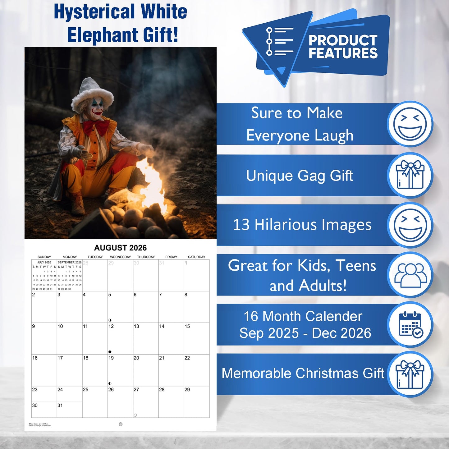2026 Clowns in the Wild Monthly Wall Calendar | 12" x 24" | White Elephant Gag Gift Funny Creepy Clowns Calendar 2025-2026