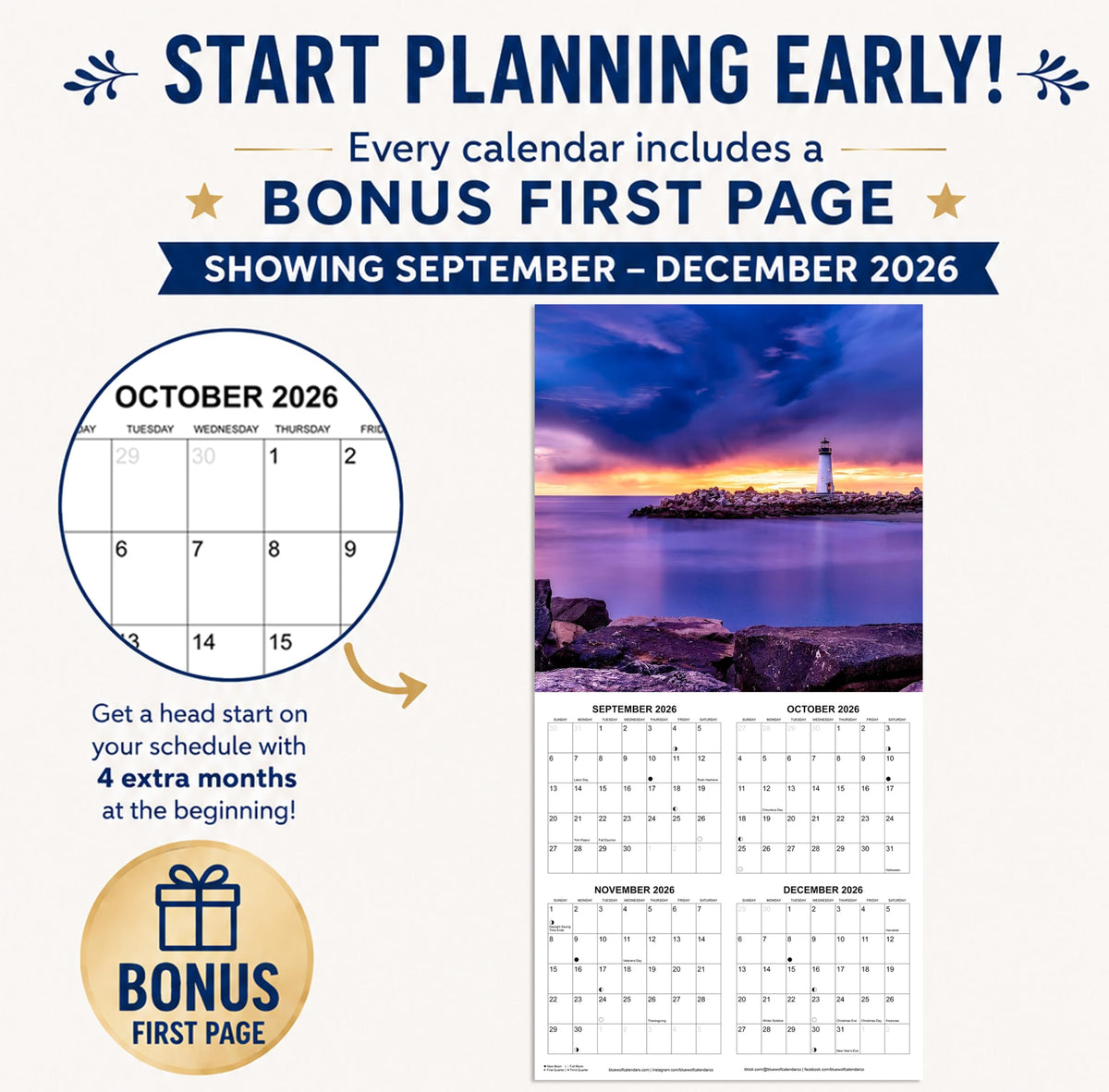 2027 Lighthouses Monthly Wall Calendar | Travel Calendar 2026-2027