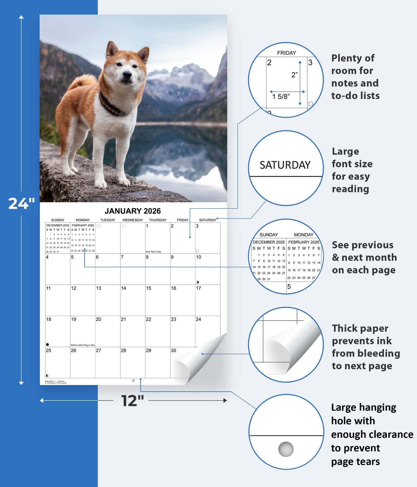 2026 Shiba Inus Monthly Wall Calendar | 12" x 24" | Dogs Calendar 2025-2026