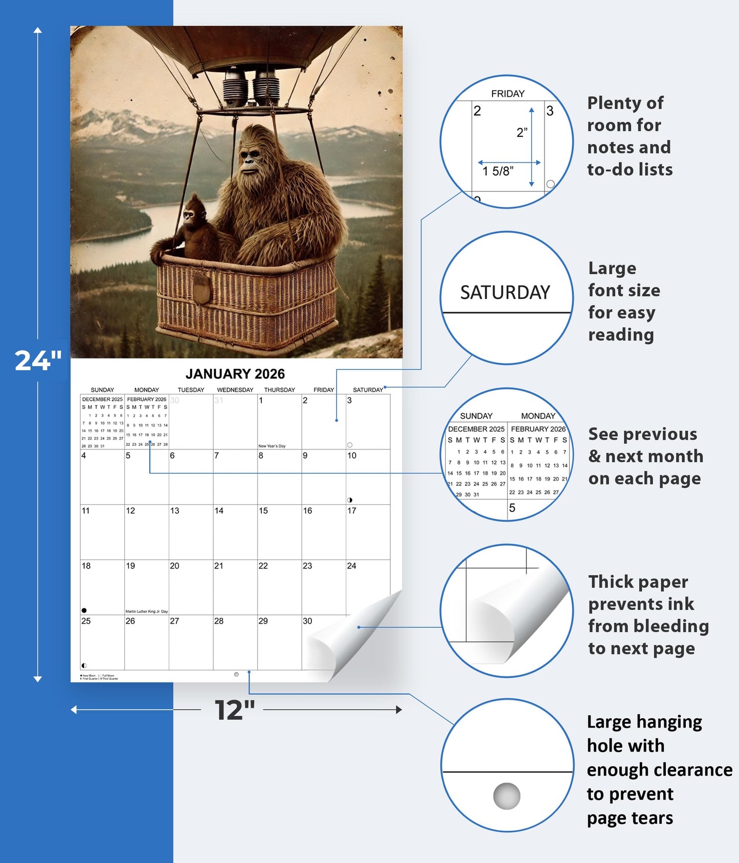 2026 The Lost Bigfoot Photographs Monthly Wall Calendar - "Recently Uncovered Vintage Pictures" of Bigfoot Doing Funny Things | 12" x 24" | Thick Sturdy Paper | White Elephant or Gag Gift Funny Calendar 2025-2026