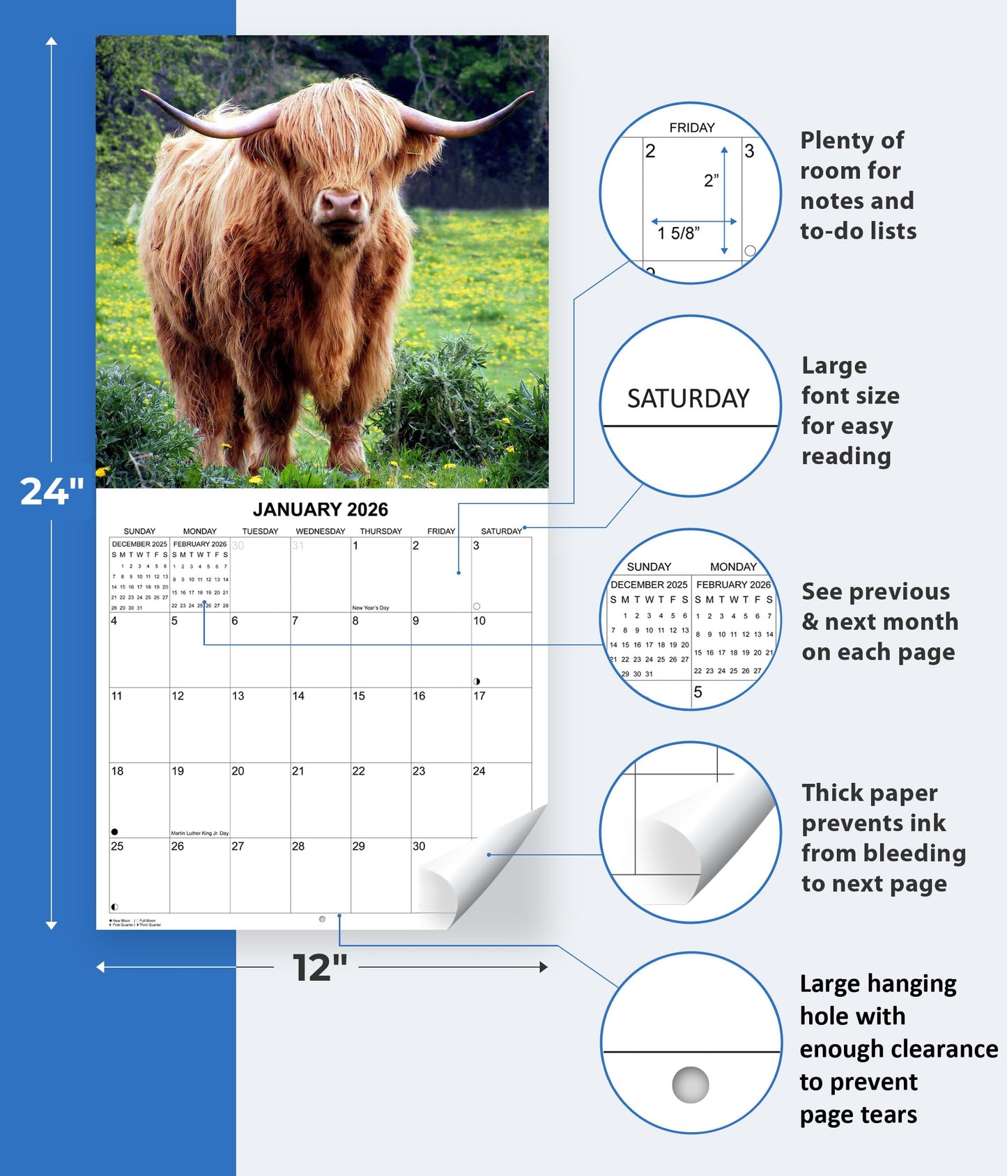2026 Highland Cows Monthly Wall Calendar | 12" x 24" | Animals Calendar 2025-2026