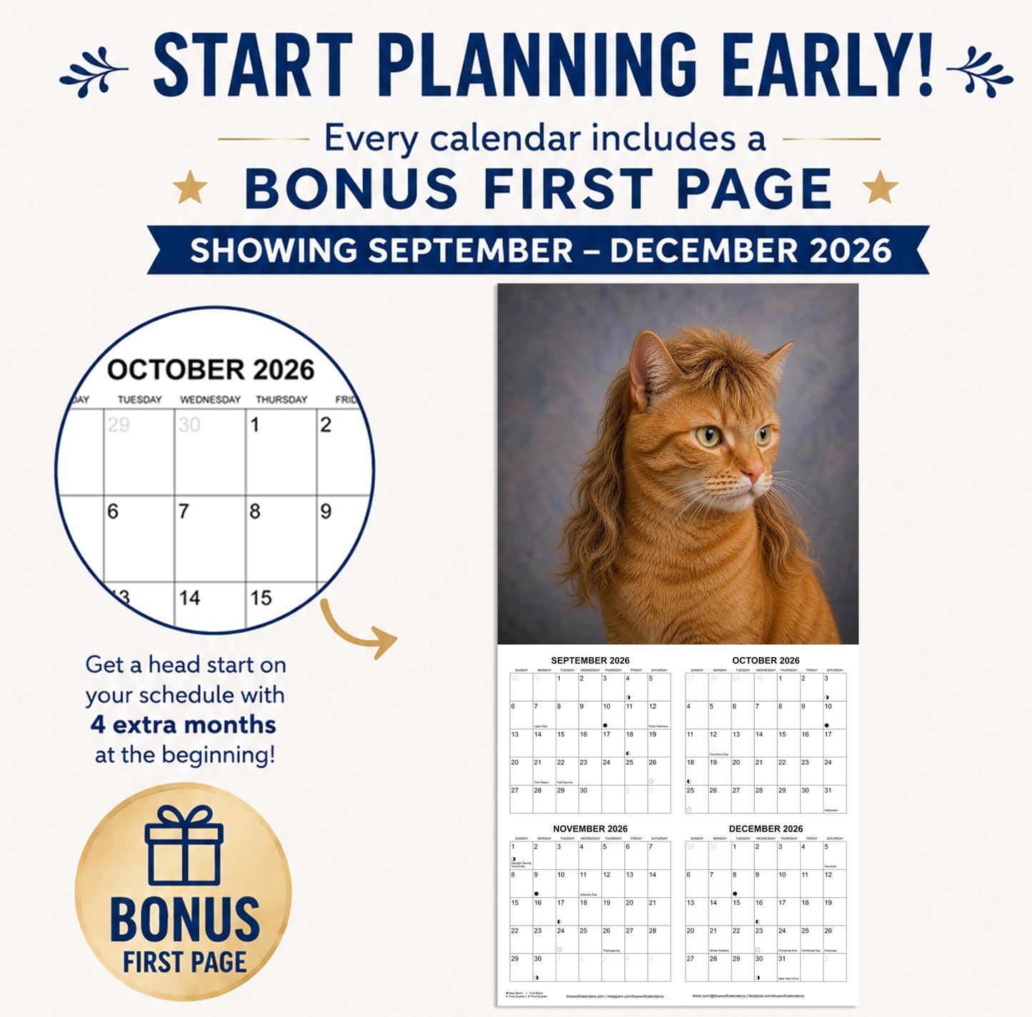 2027 Cats with Mullets White Elephant Monthly Wall Calendar - Funny Gag Gift | Prank Gift Calendar 2026-2027