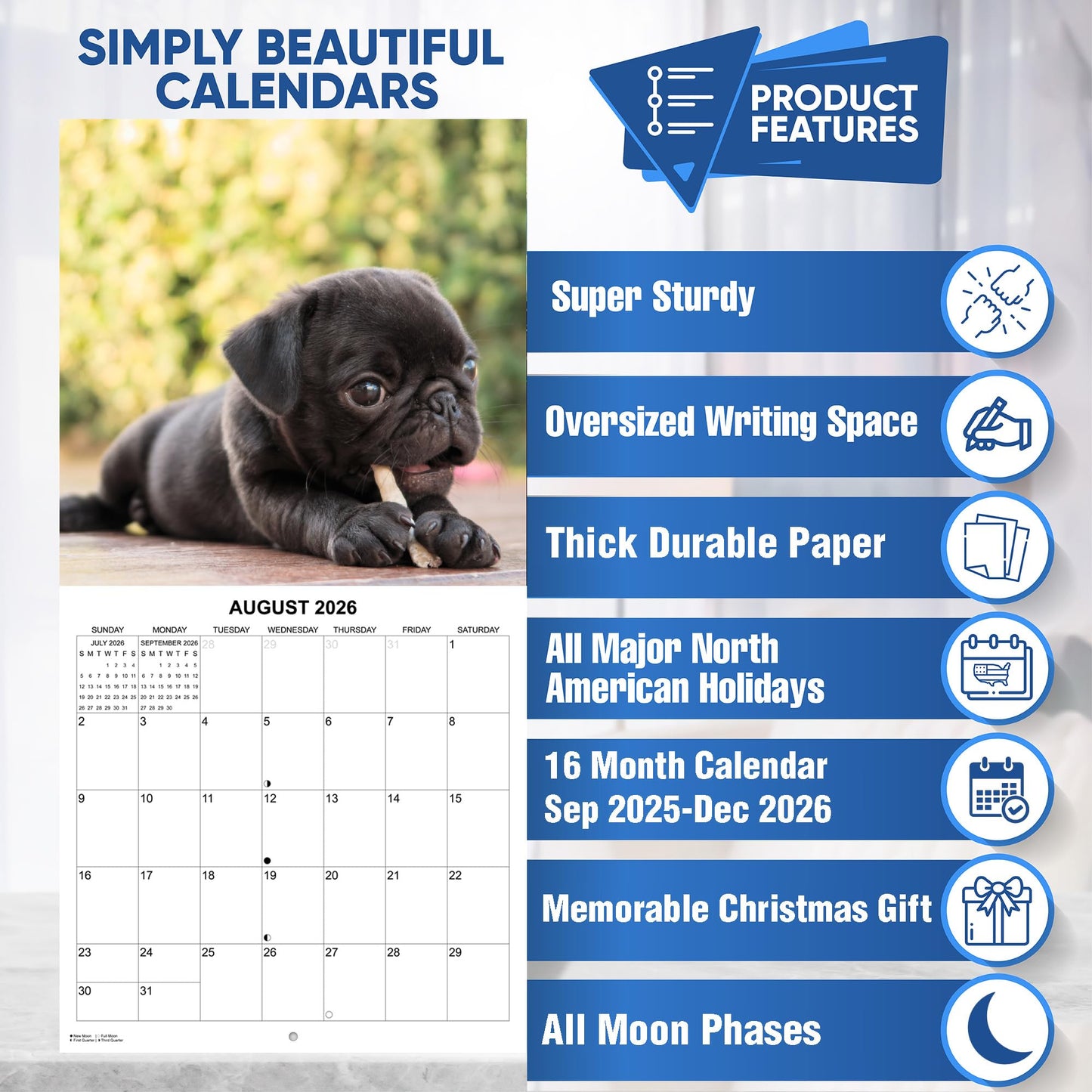 2026 Pugs Monthly Wall Calendar | 12" x 24" | Dog Calendar 2025-2026