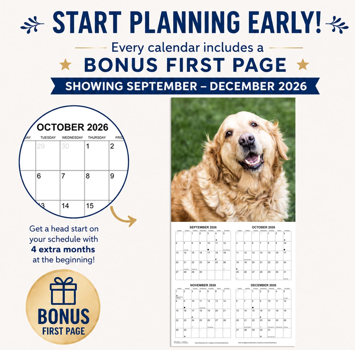 2027 Golden Retrievers Monthly Wall Calendar | Cute Dogs Calendar September 2026 - December 2027