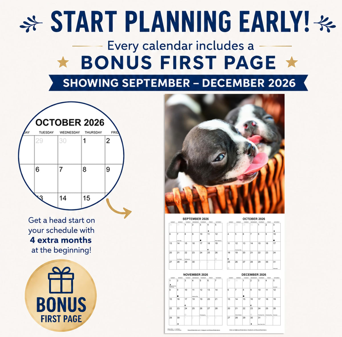 2027 Boston Terriers Monthly Wall Calendar | Dog Calendar September 2026- December 2027