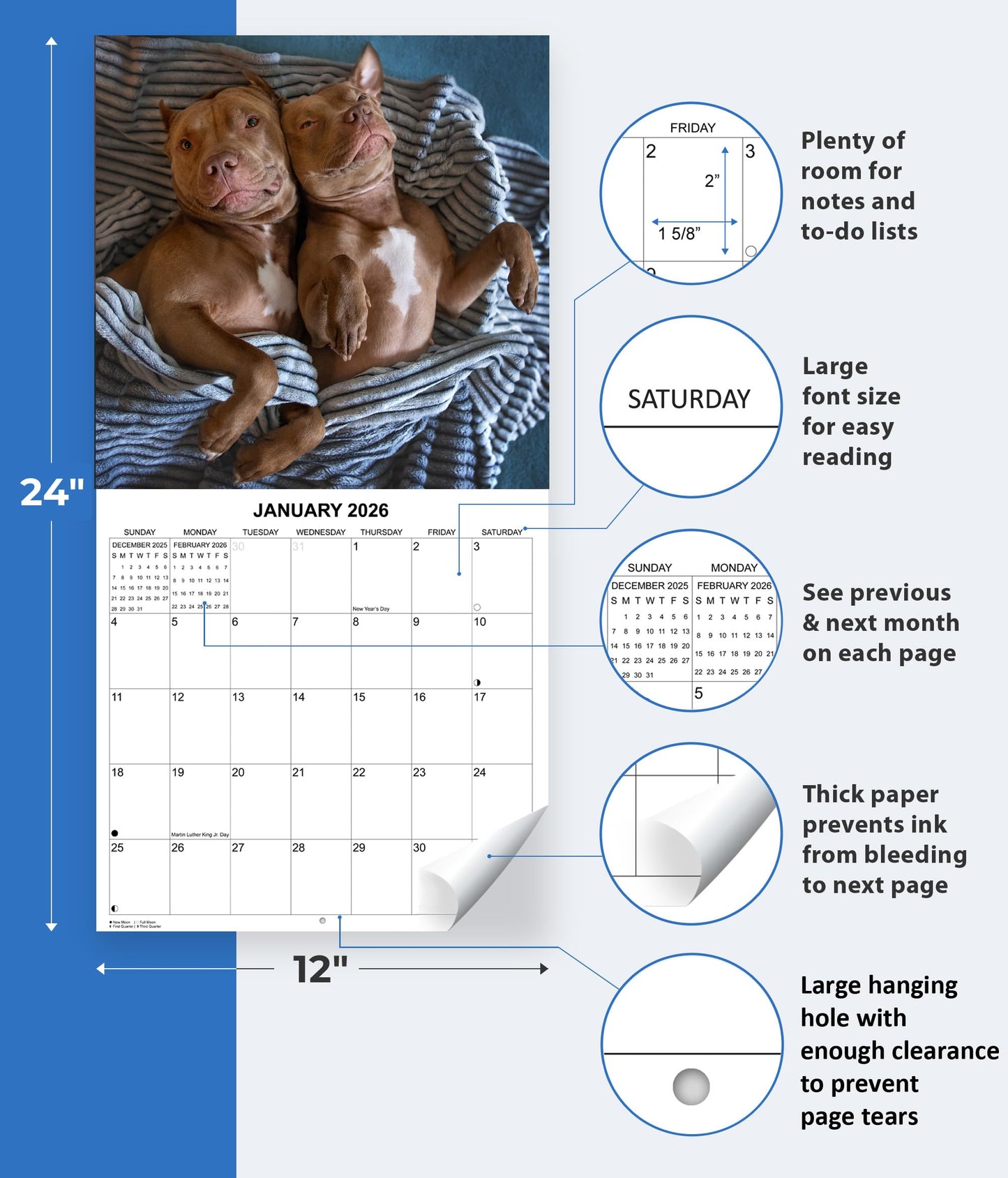 2026 Pit Bulls Monthly Hangable Wall Calendar | 12" x 24" | September 2025 - December 2026 Dog Calendar