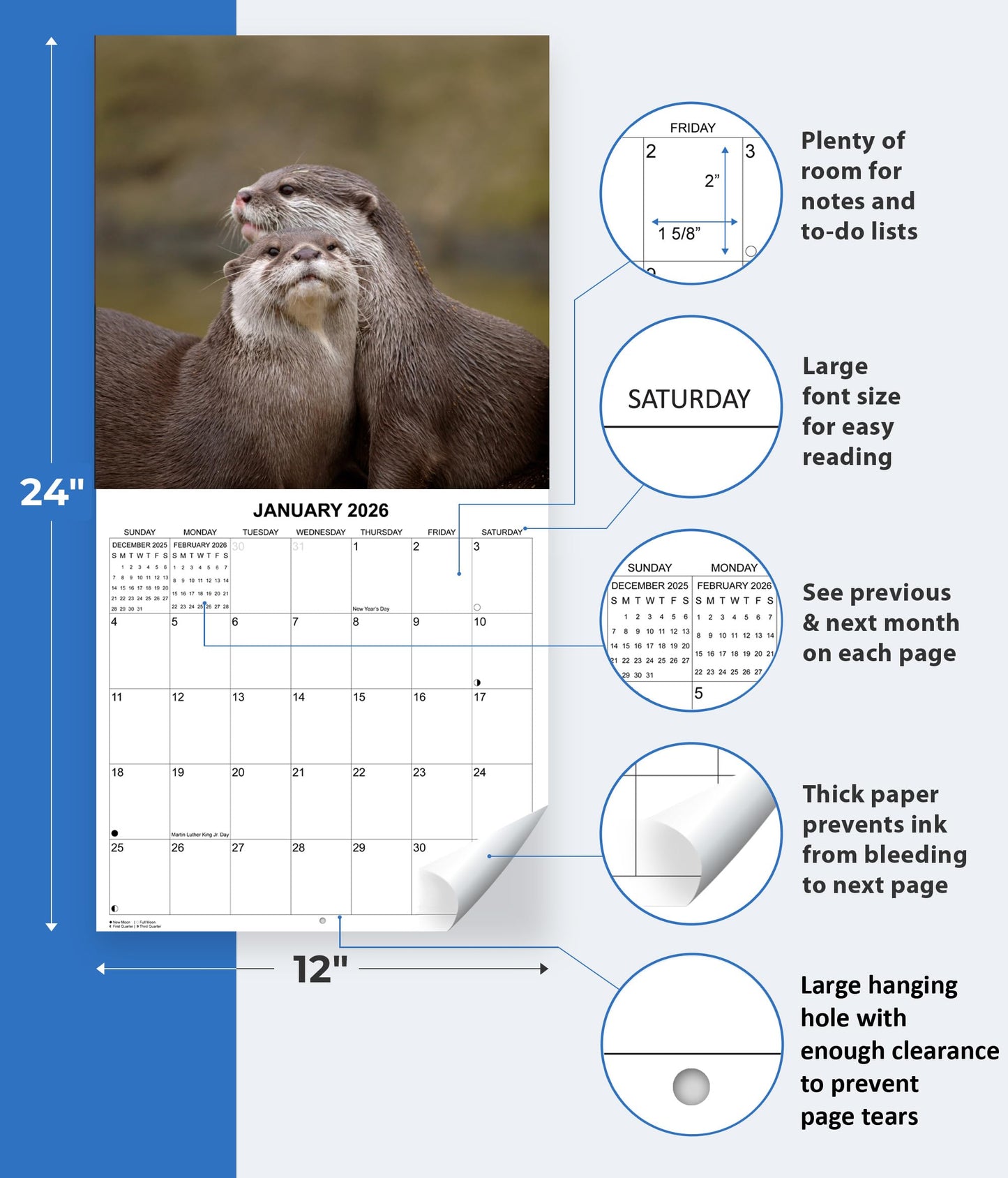 2026 Otters Monthly Wall Calendar | 12" x 24" | Animals Calendar 2025-2026