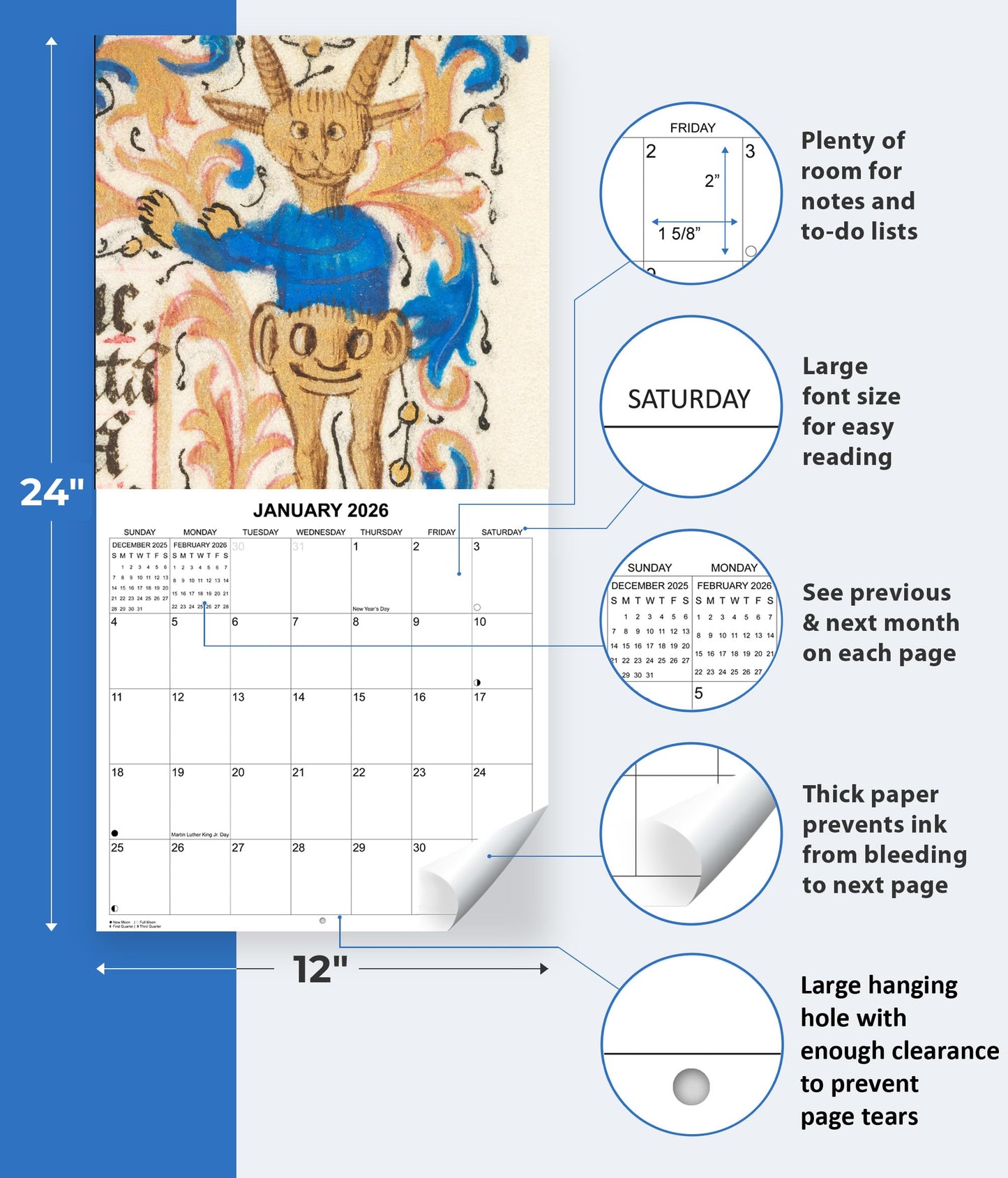 2026 Disturbing Medieval Art Monthly Wall Calendar | 12" x 24" | White Elephant or Gag Gift Funny Calendar 2025-2026