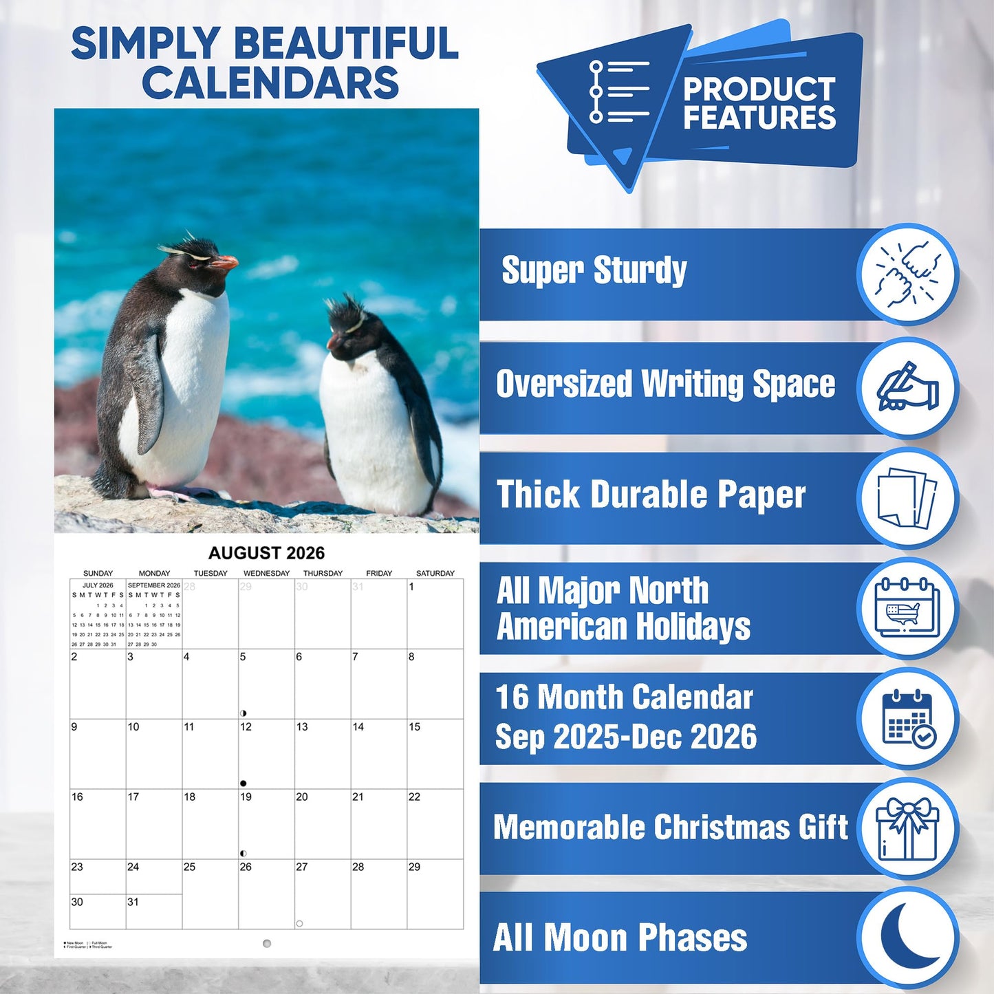 2026 Penguins Monthly Wall Calendar | 12" x 24" | Animals Calendar 2025-2026