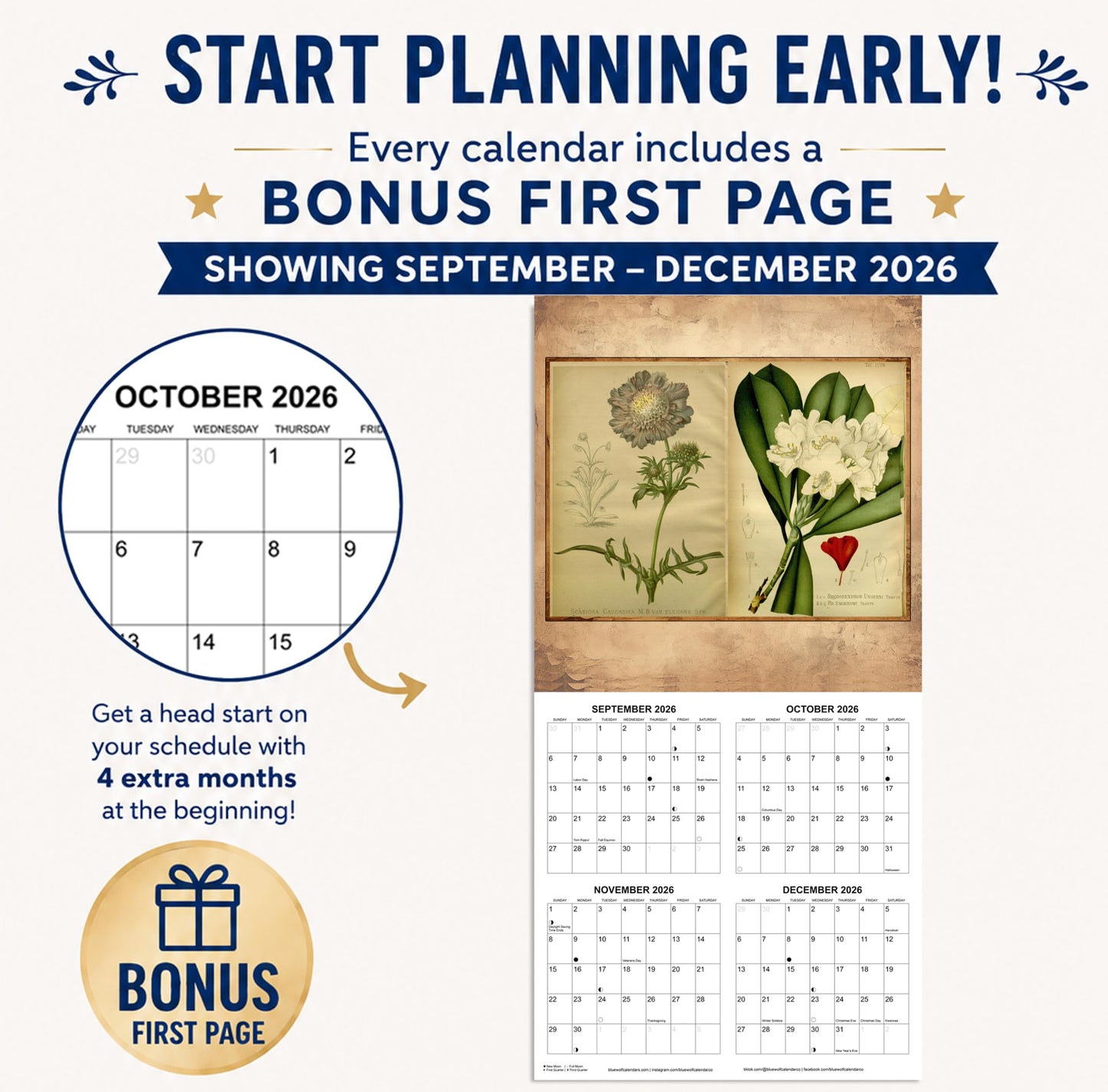 2027 Vintage Flower Illustrations Monthly Wall Calendar | Retro Botany Calendar 2026-2027