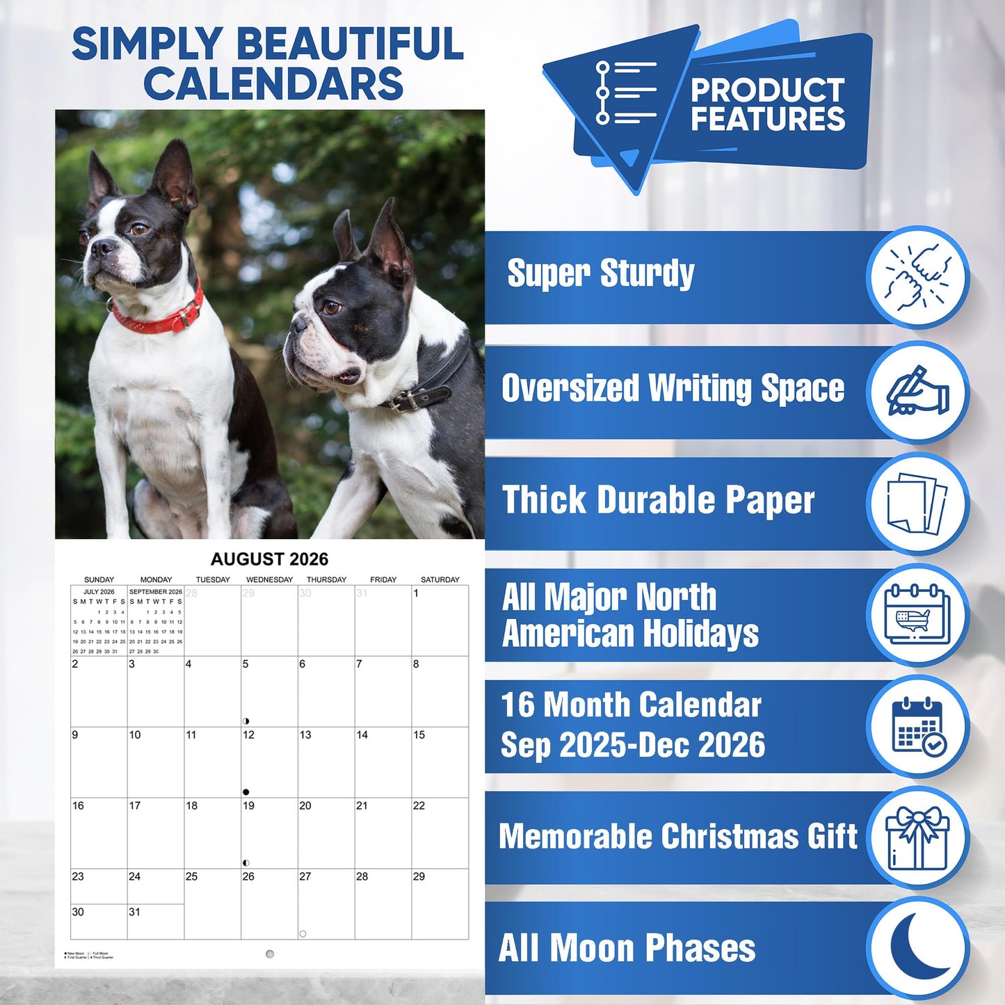 2026 Boston Terriers Monthly Wall Calendar | 12" x 24" | Dogs Calendar September 2025- December 2026