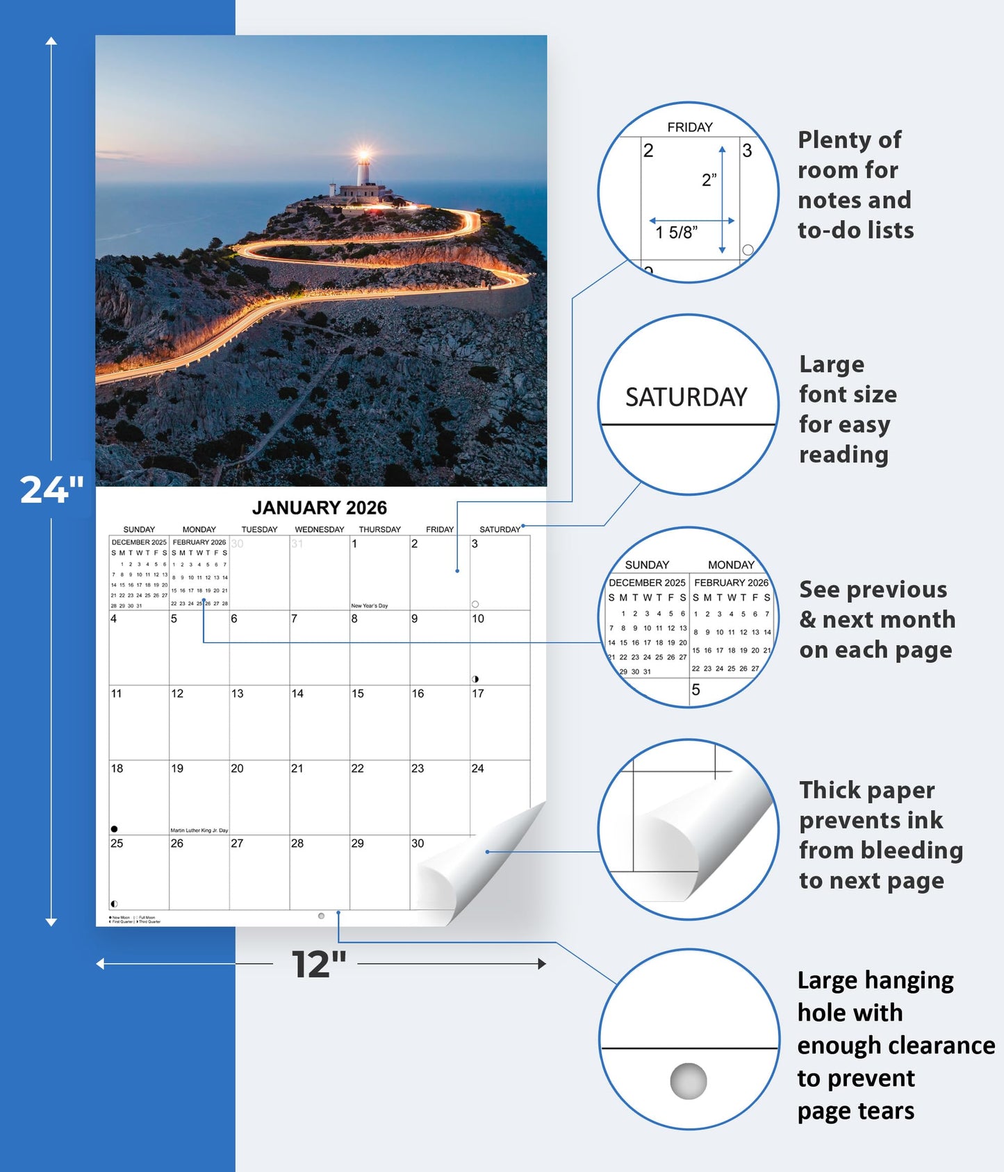 2026 Lighthouses Monthly Wall Calendar | 12" x 24" | Travel Calendar 2025-2026