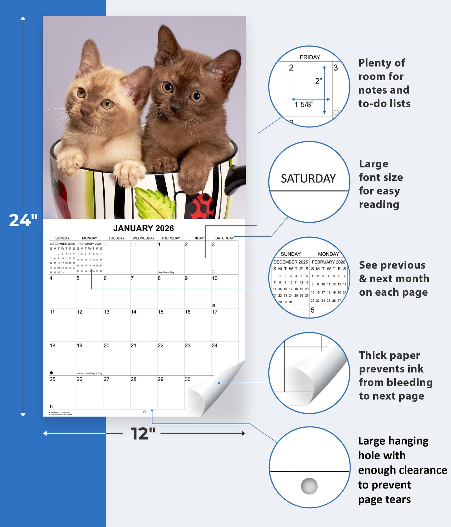 2026 Kittens Monthly Wall Calendar | 12" x 24" | Thick Sturdy Paper | Cute Cats Calendar 2025-2026