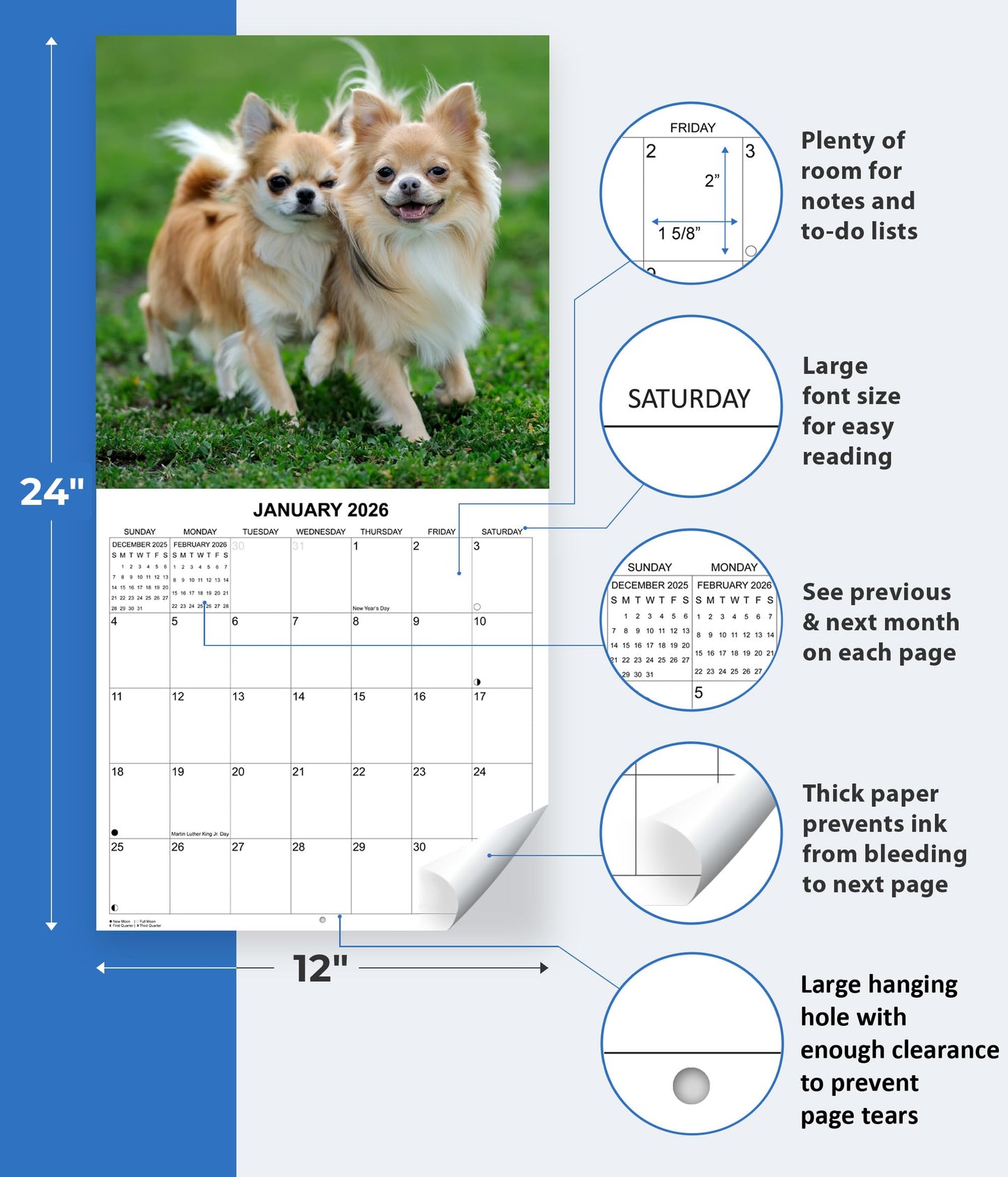 2026 Chihuahua Monthly Wall Calendar | 12" x 24" | September 2025 - December 2026 Chihuaha Dog Calendar